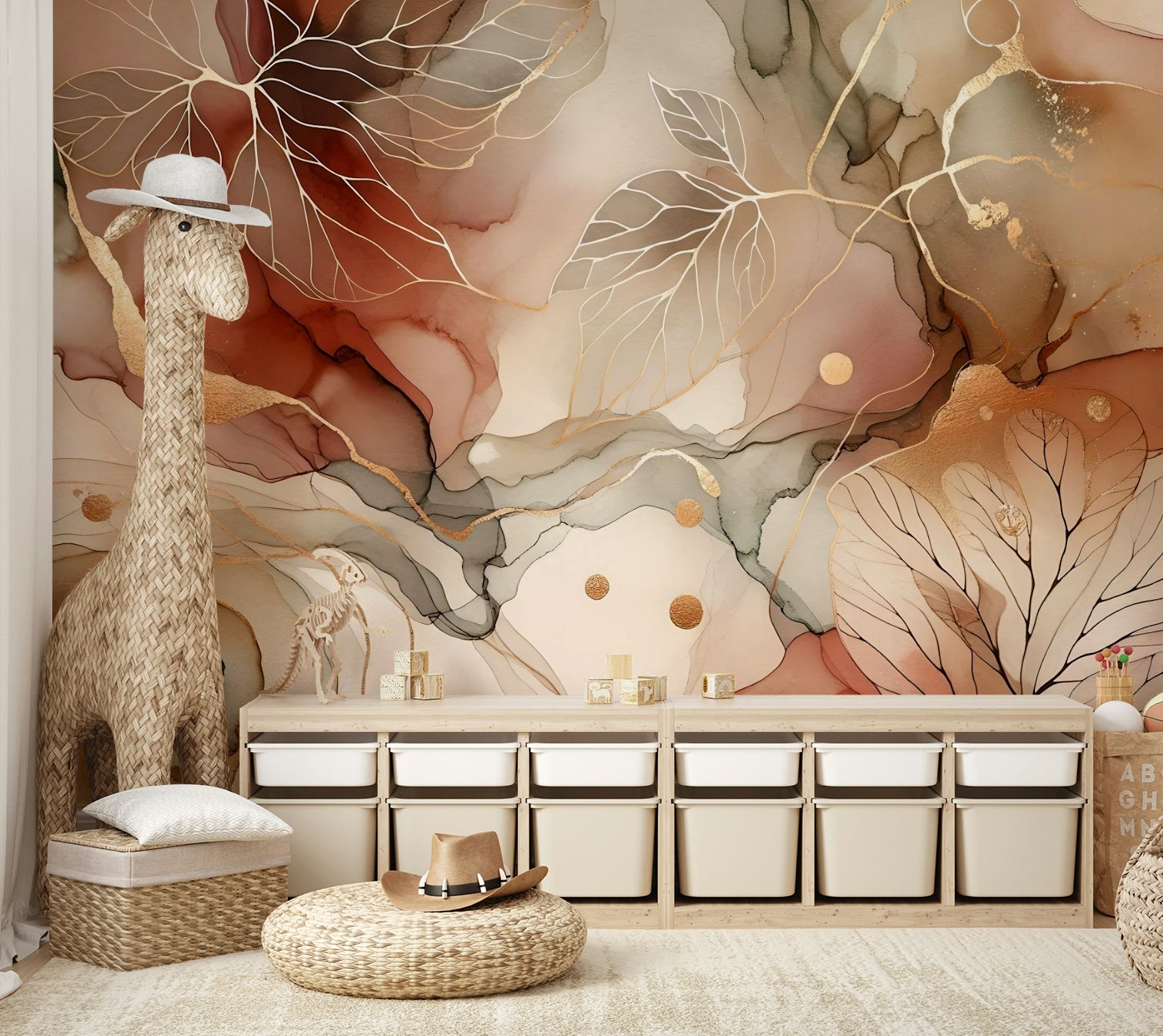 Fall-themed wall mural with leaves in gold, red, and orange hues.

