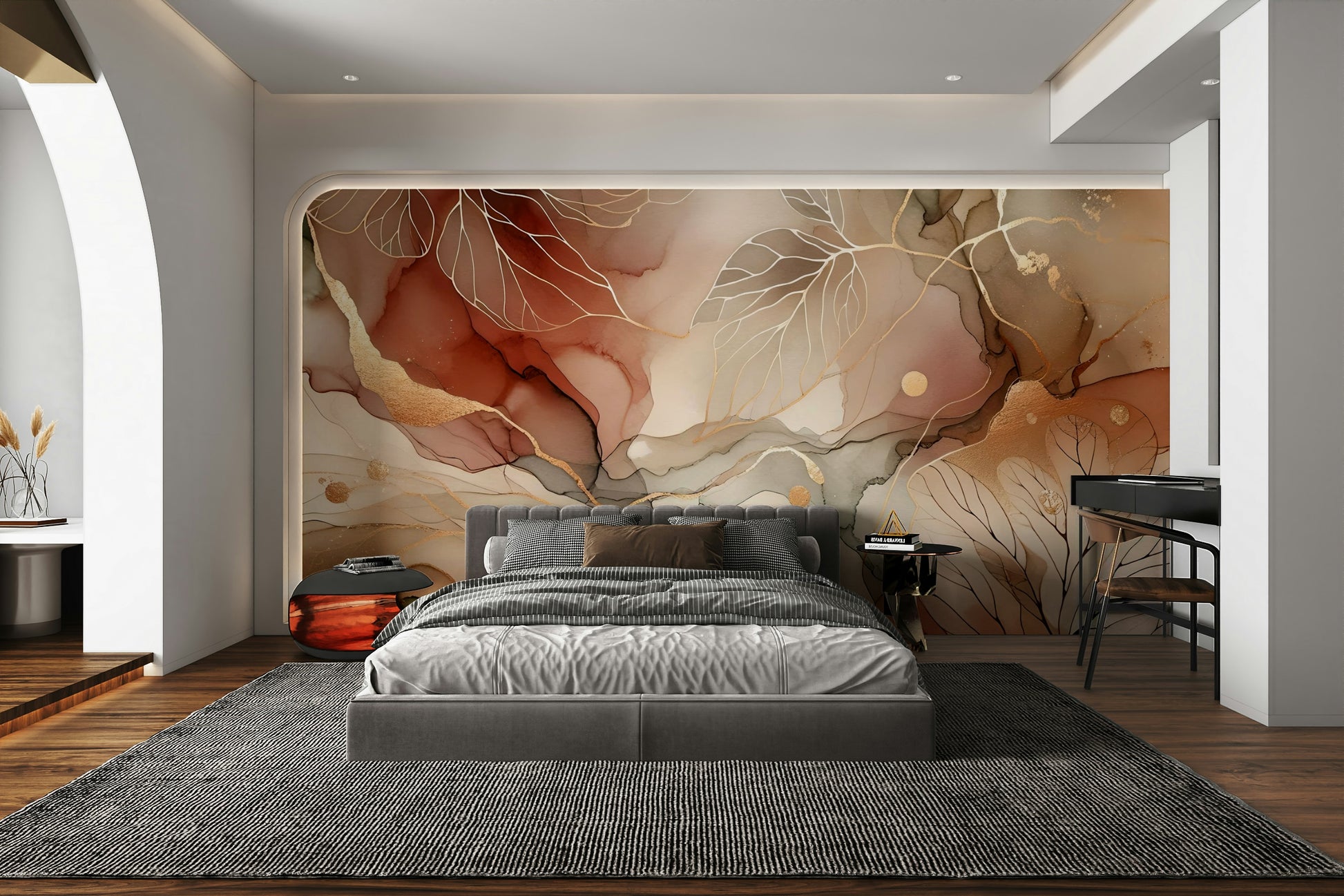 Autumn Whispers Wall Mural with fall leaves in warm amber and gold hues.

