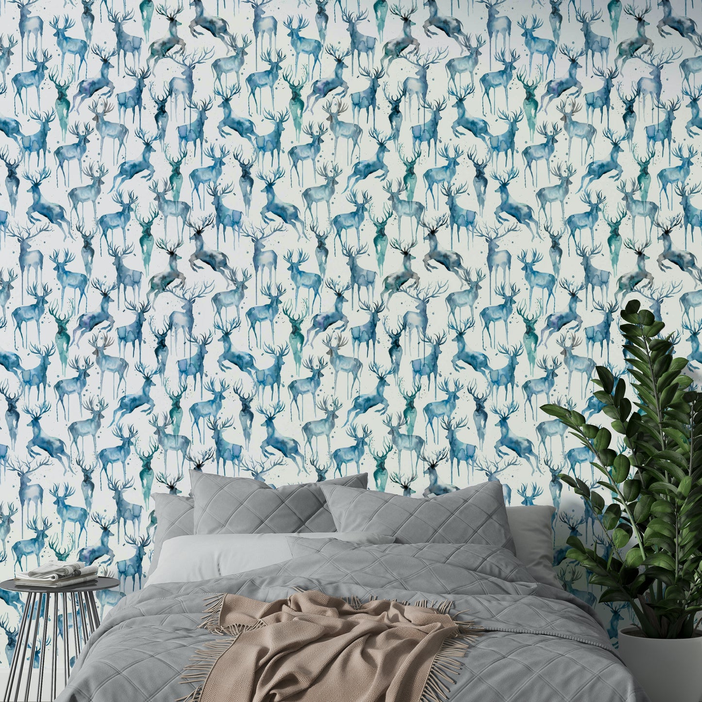 Wintery Artistic Deers Blue Wallpaper⁠