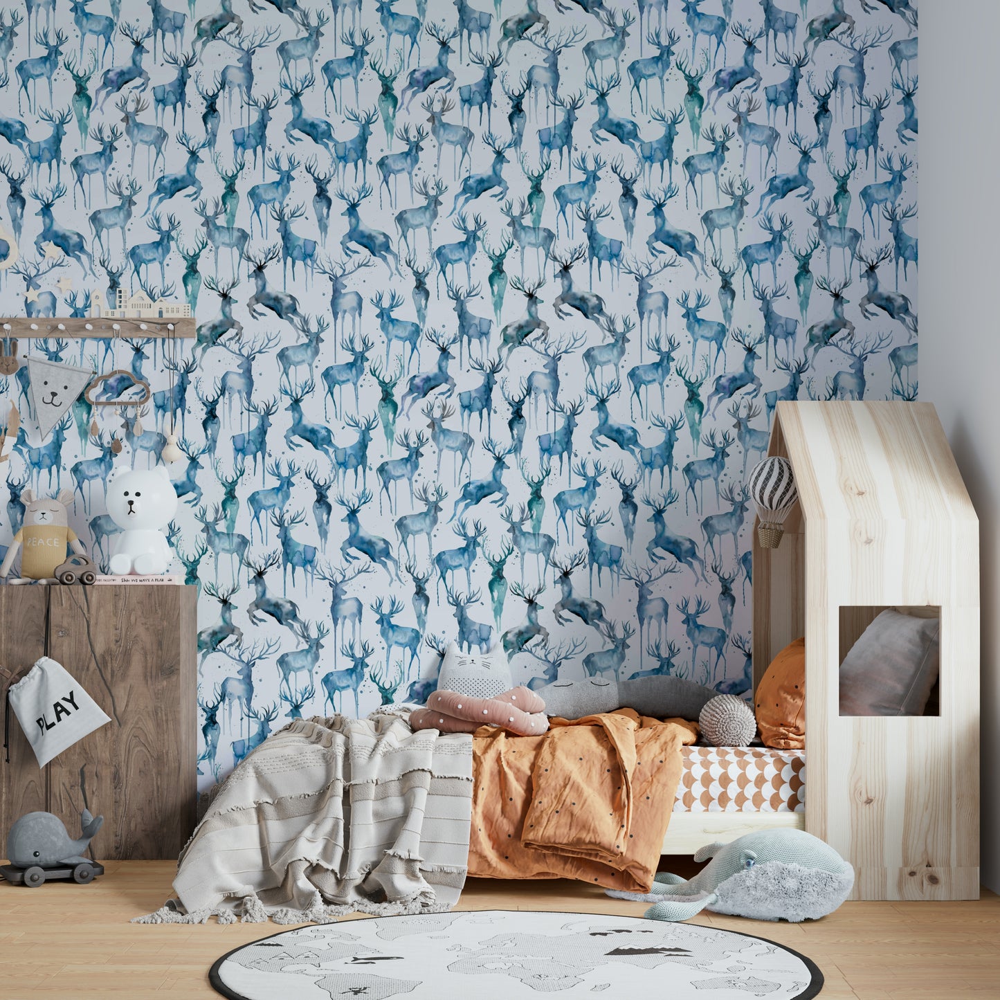 Wintery Artistic Deers Blue Wallpaper⁠