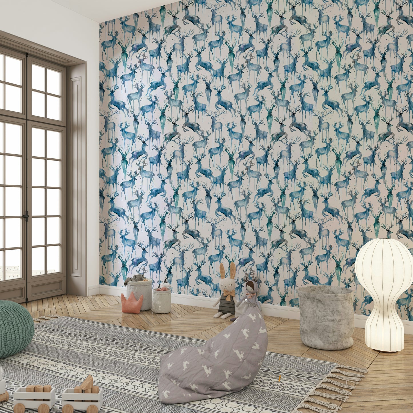 Wintery Artistic Deers Blue Wallpaper⁠