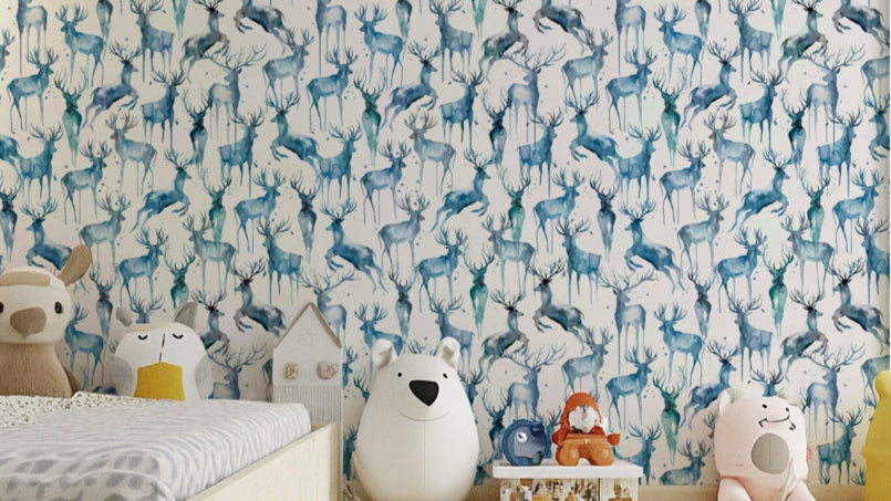 Wintery Artistic Deers Blue Wallpaper⁠