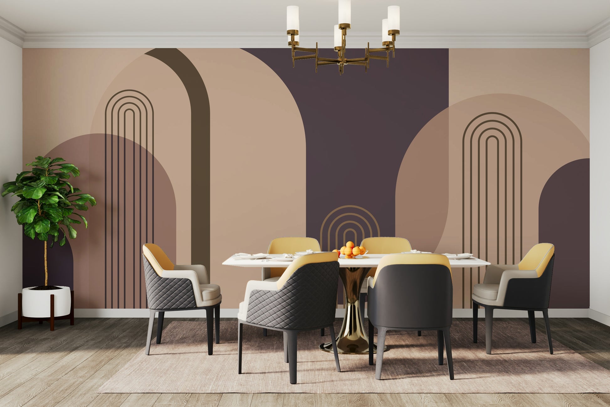 Earthy tones and arch design Mid Century mural for walls

