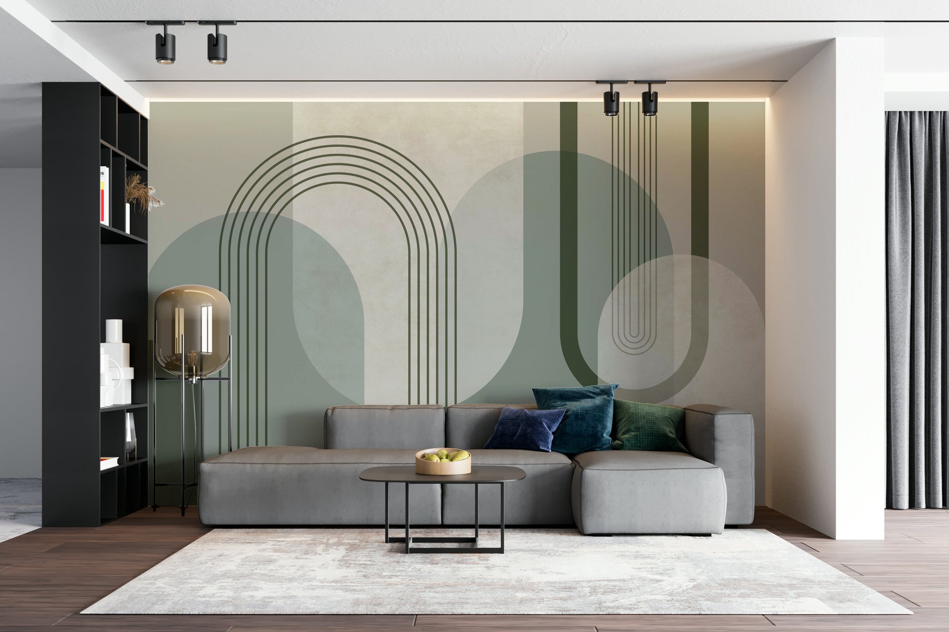 Elegant forest green Mid Century wall mural for modern rooms

