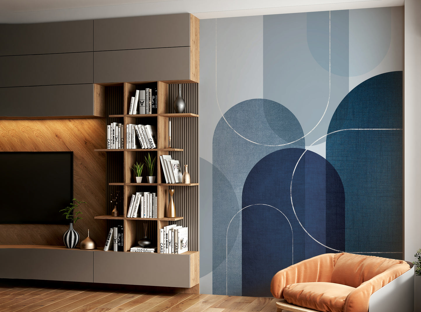 Mid-century inspired blue linen wall mural for home office

