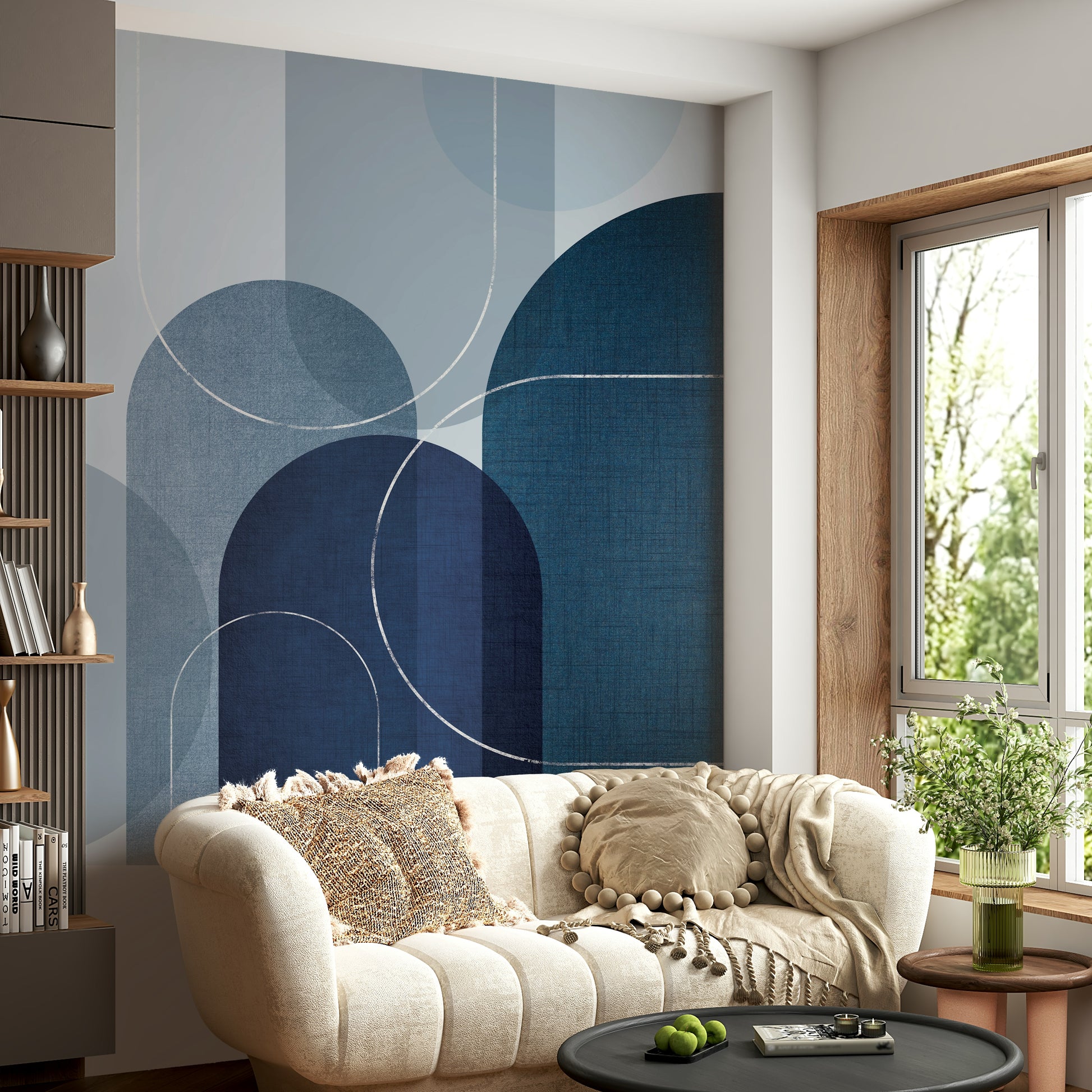 Soft blue linen texture wallpaper with mid-century design

