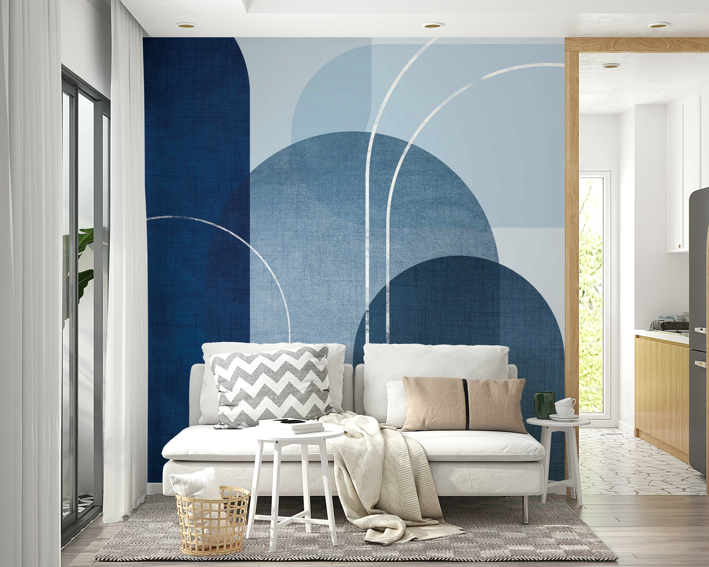 Mid-century inspired blue linen mural for bedrooms

