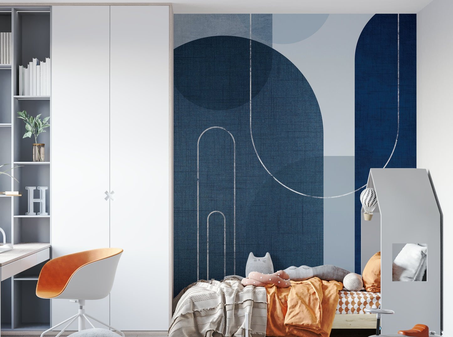 Mid-century inspired blue linen mural for bedrooms

