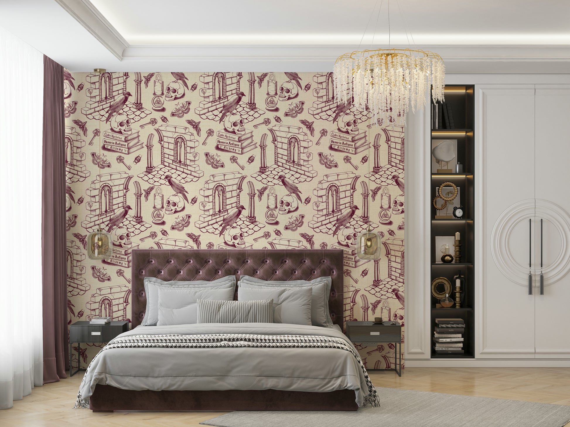 Classic Burgundy Toile de Jouy wallpaper for bedrooms and studies


