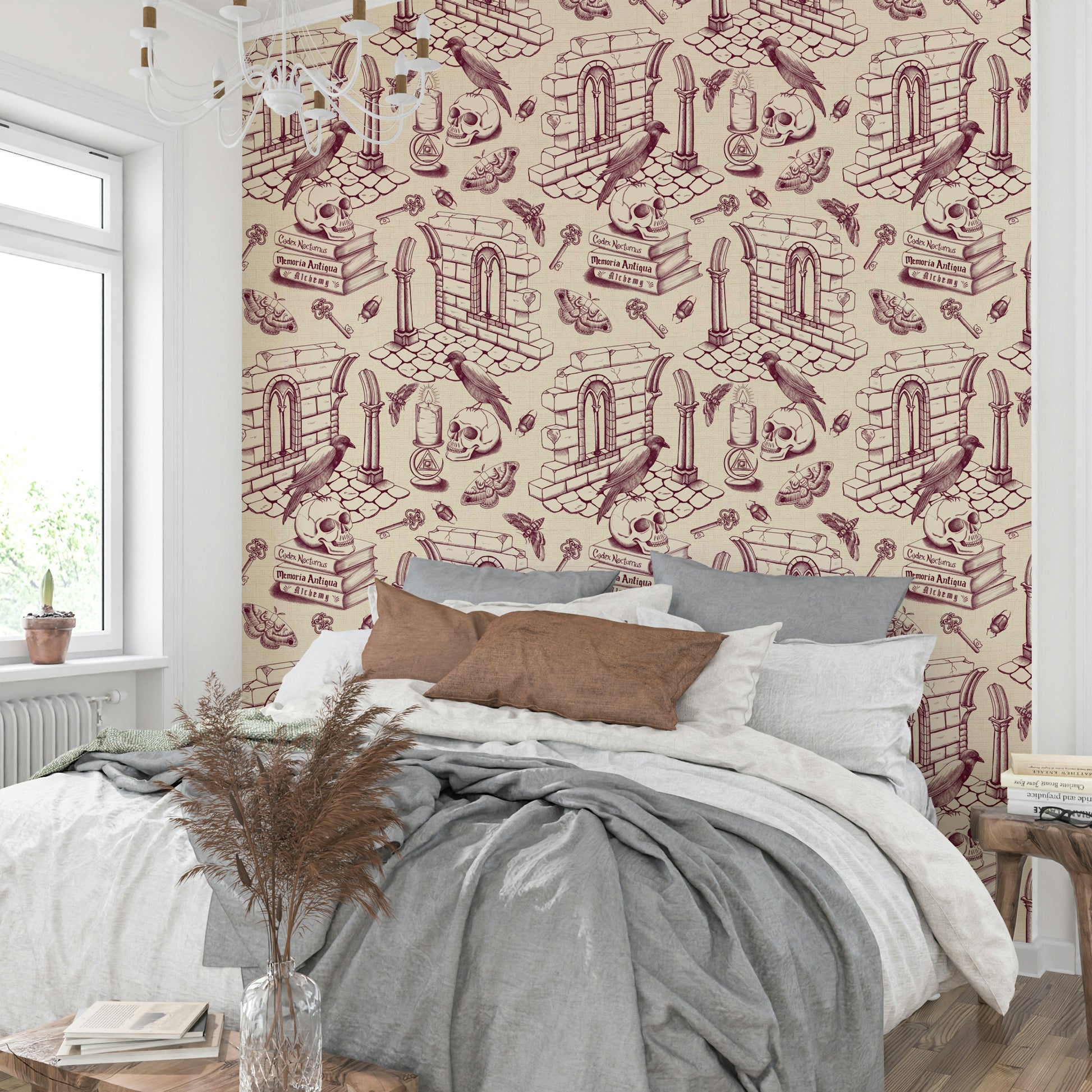 Peel-and-stick Dark Academia Toile de Jouy wallpaper for walls

