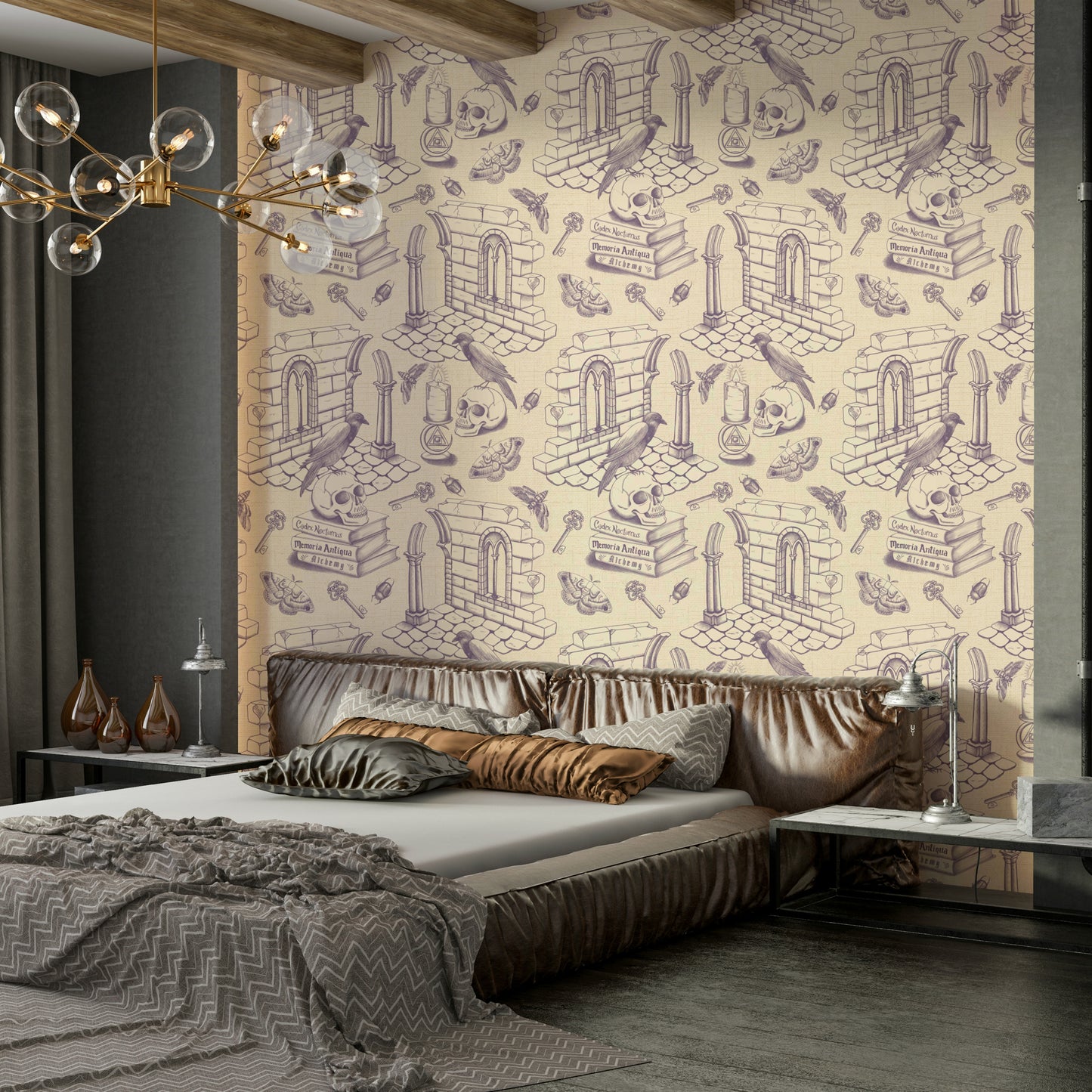 Grey purple mural wallpaper with toile de Jouy design

