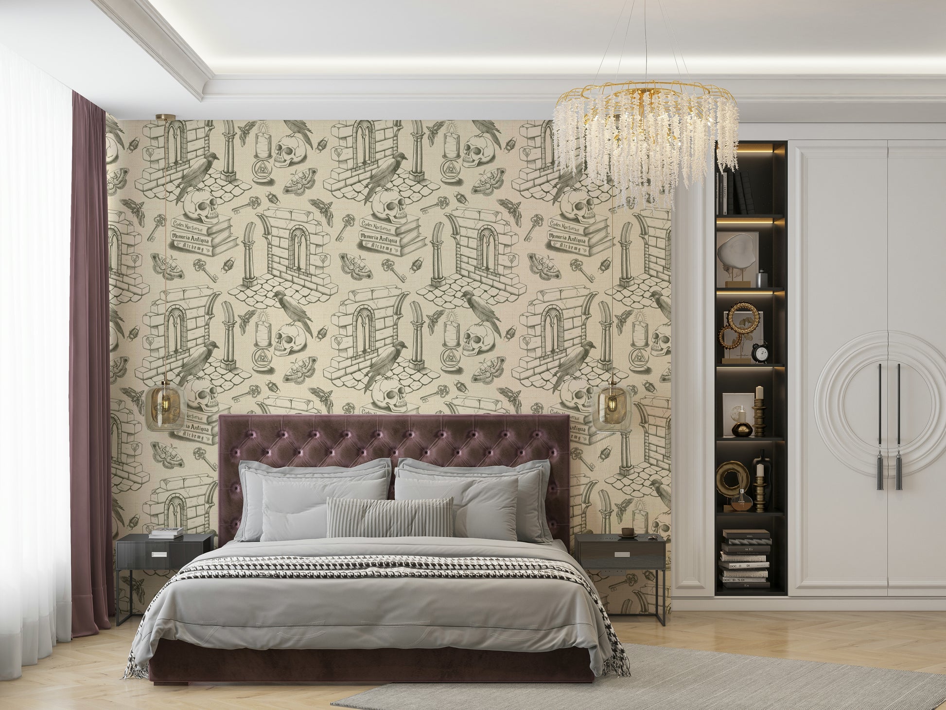 Dark academia mural wallpaper in olive and cream tones

