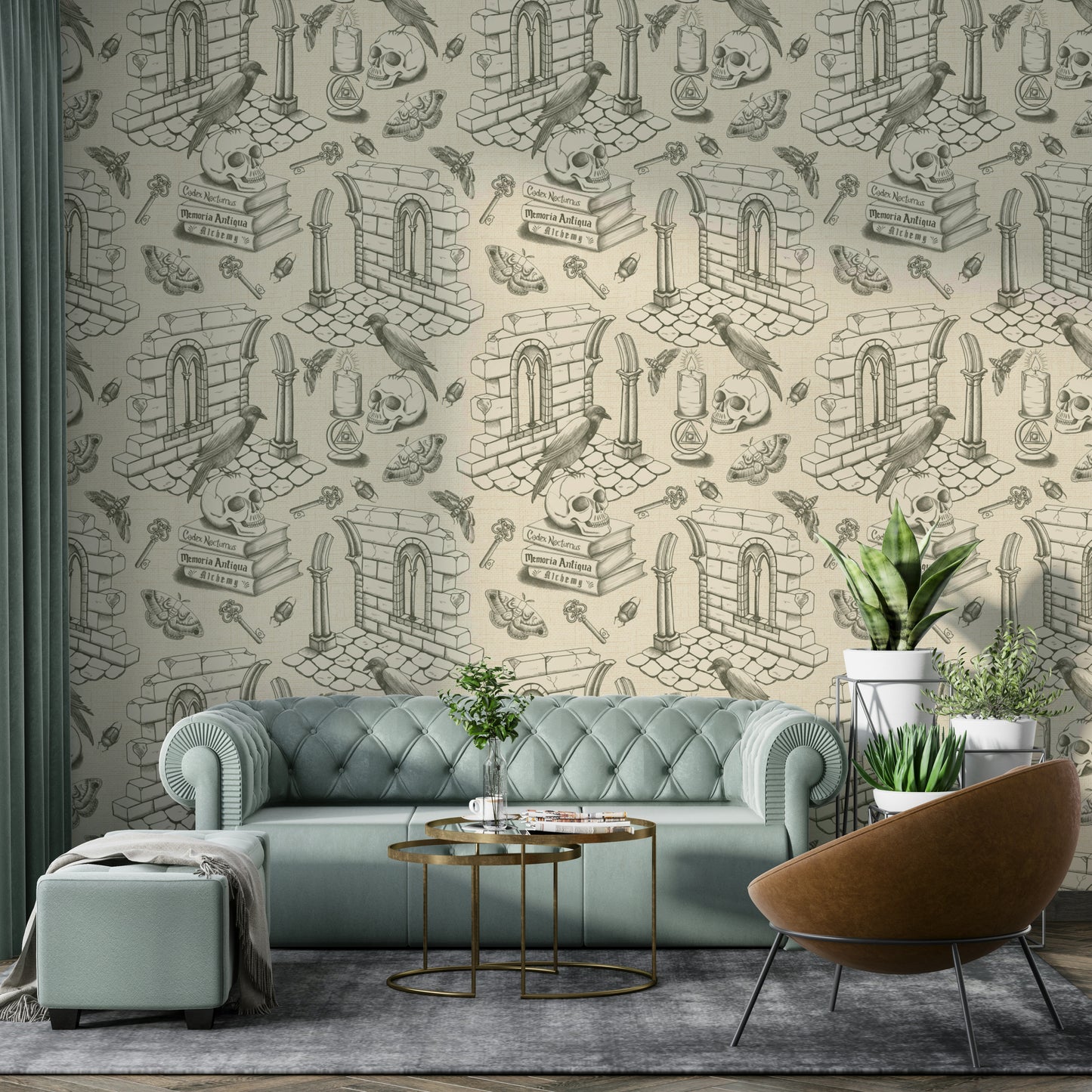 Olive mural wallpaper showing classic toile scenes

