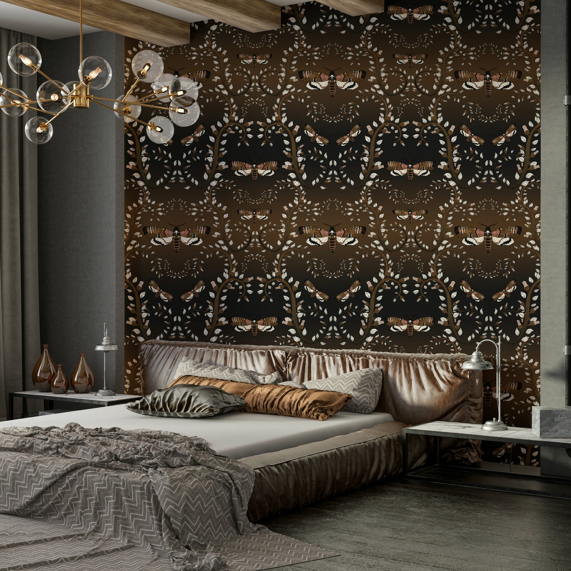 Moths and foliage mural wallpaper in muted hues

