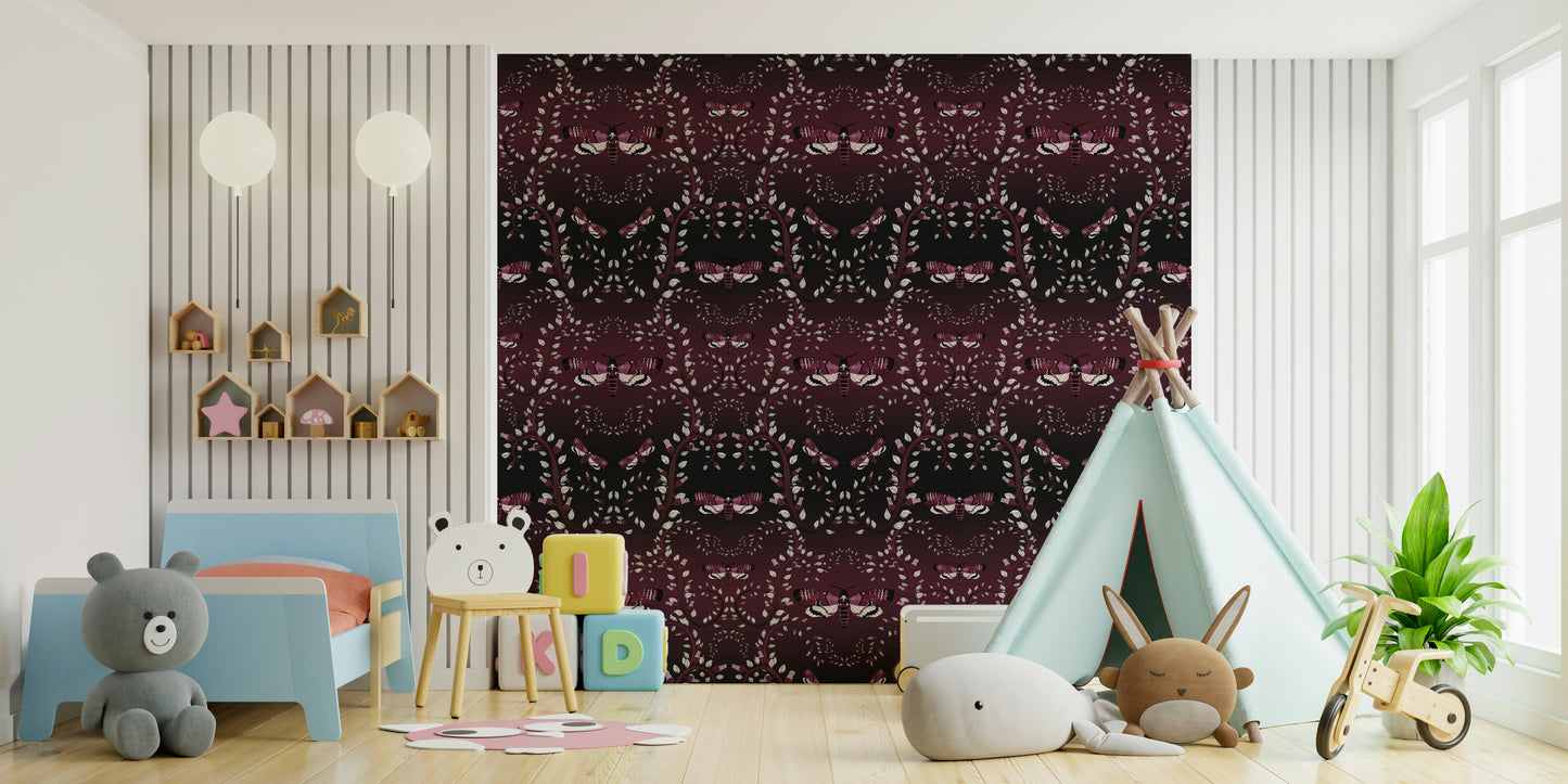 Bedroom with Crimson Moth Dance mural wallpaper

