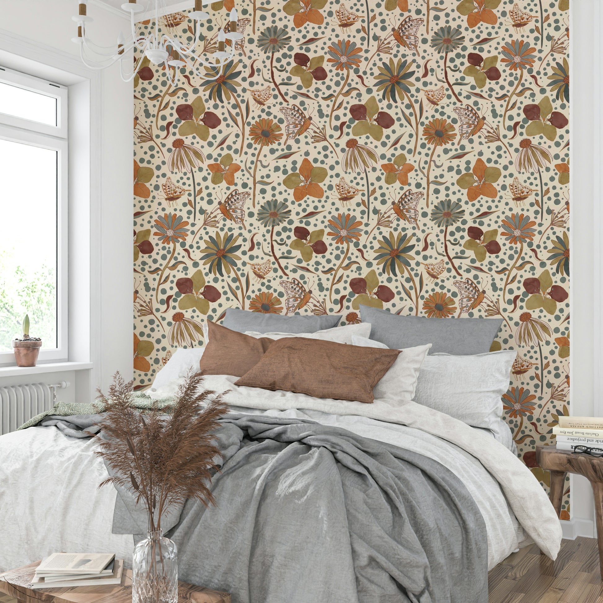 Gentle wallpaper with fluttering wings and florals

