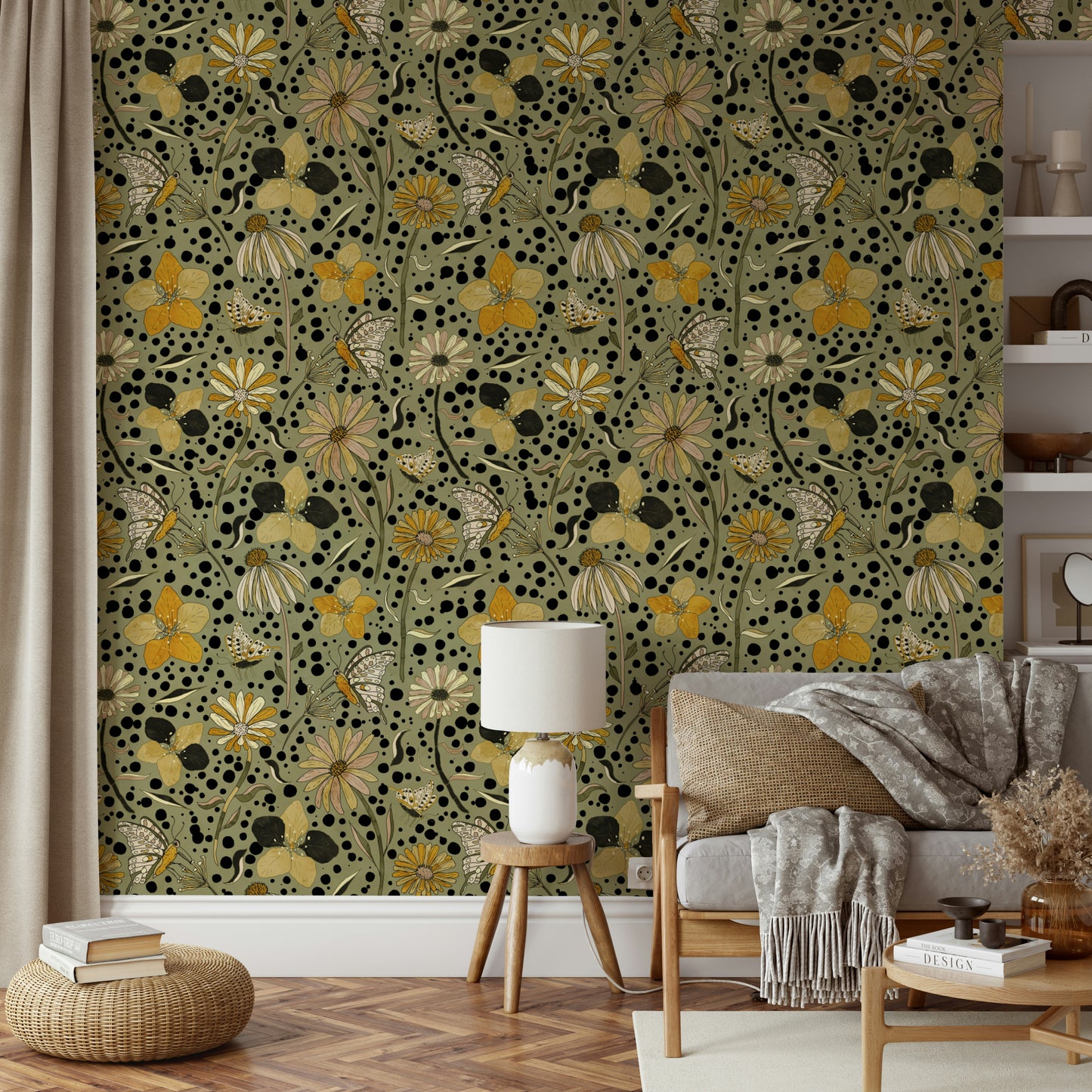 Mural wallpaper of butterflies and blooming flowers

