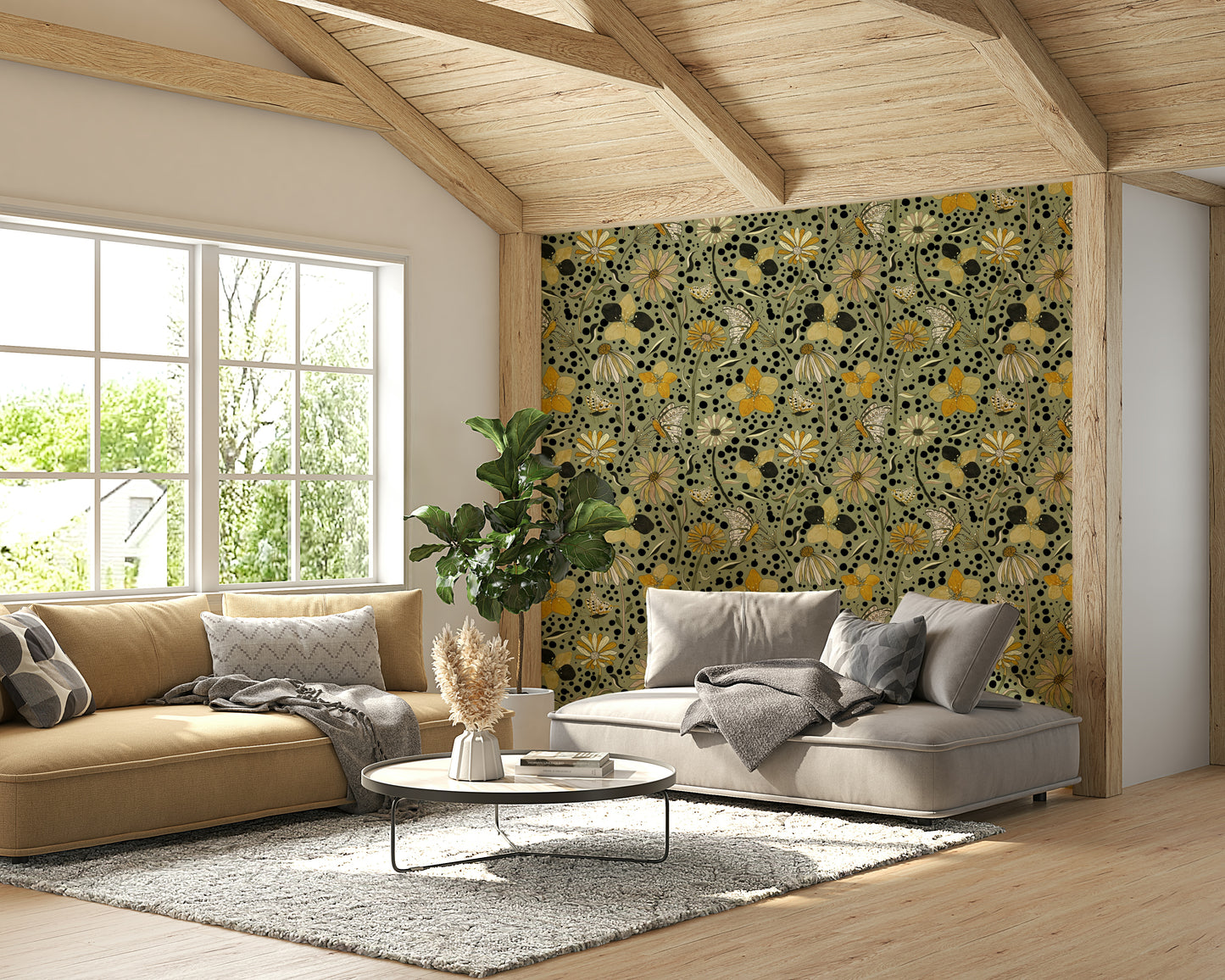 Peaceful wallpaper with floral garden and insects

