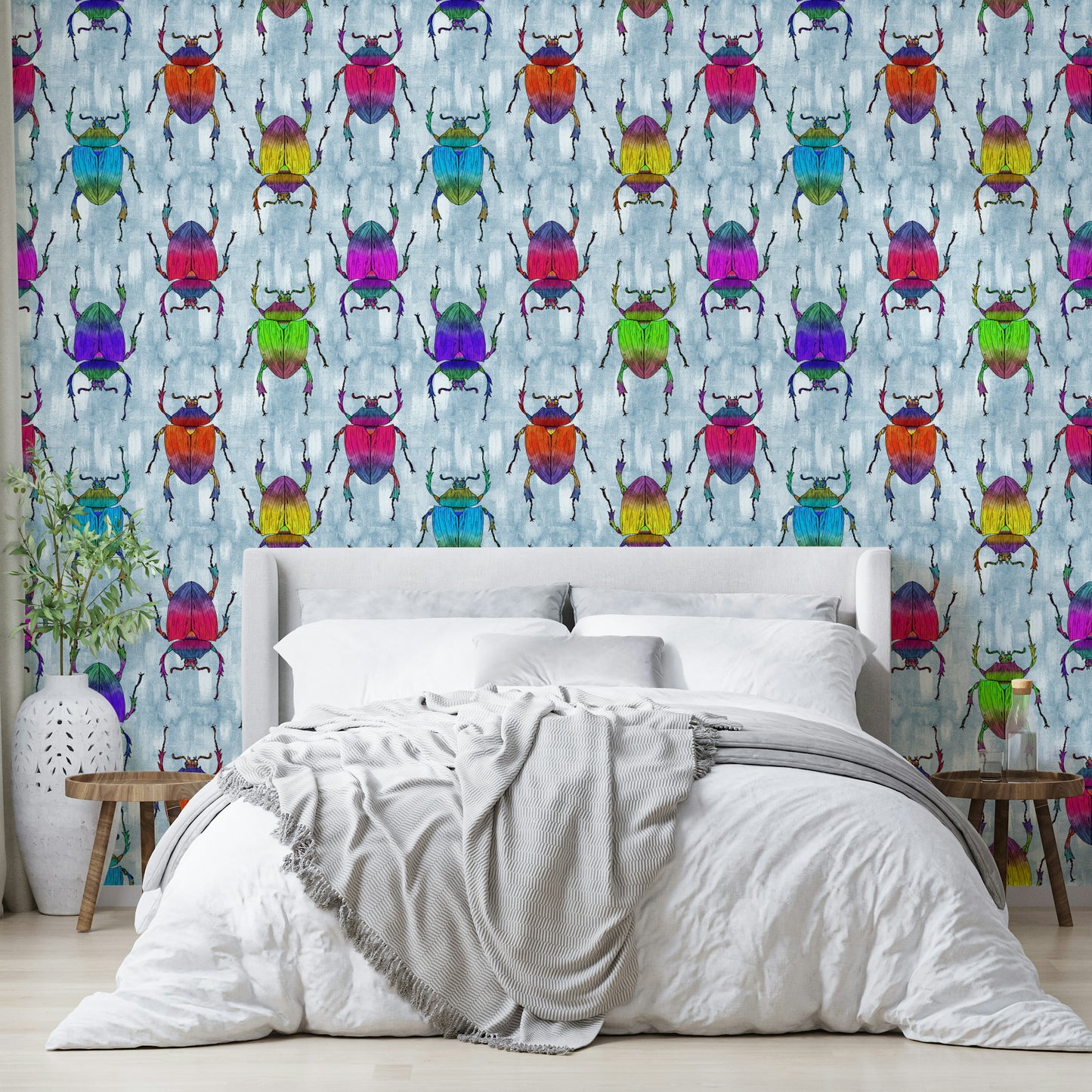 Colorful insect mural wallpaper in sky blue tone

