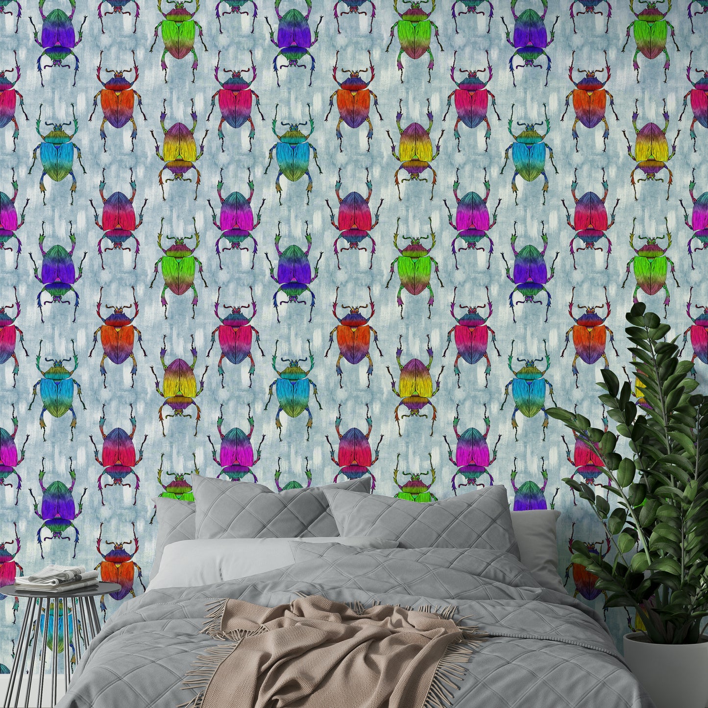 Bright beetles and butterflies on blue wallpaper

