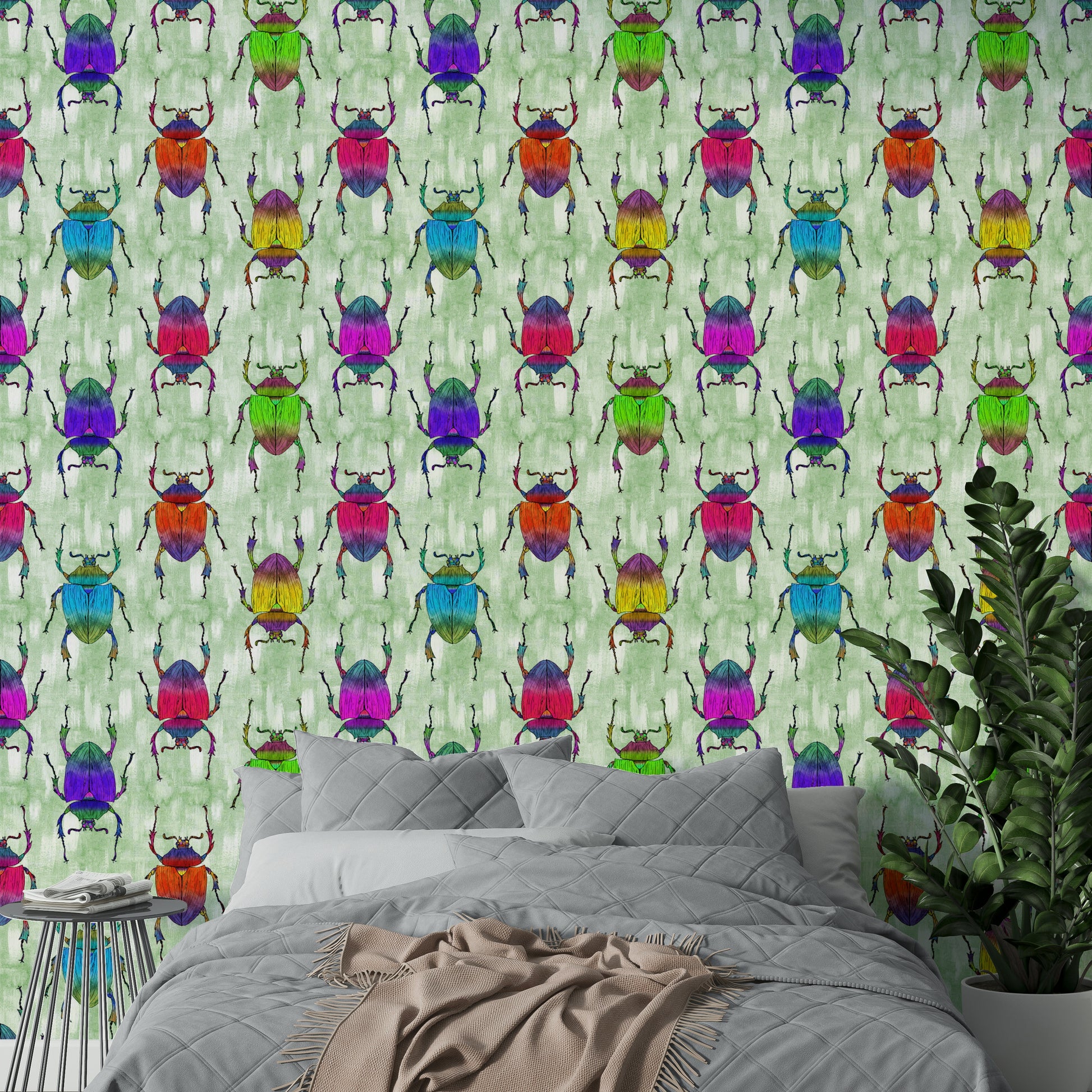 Rainbow-toned insects on leafy green wallpaper

