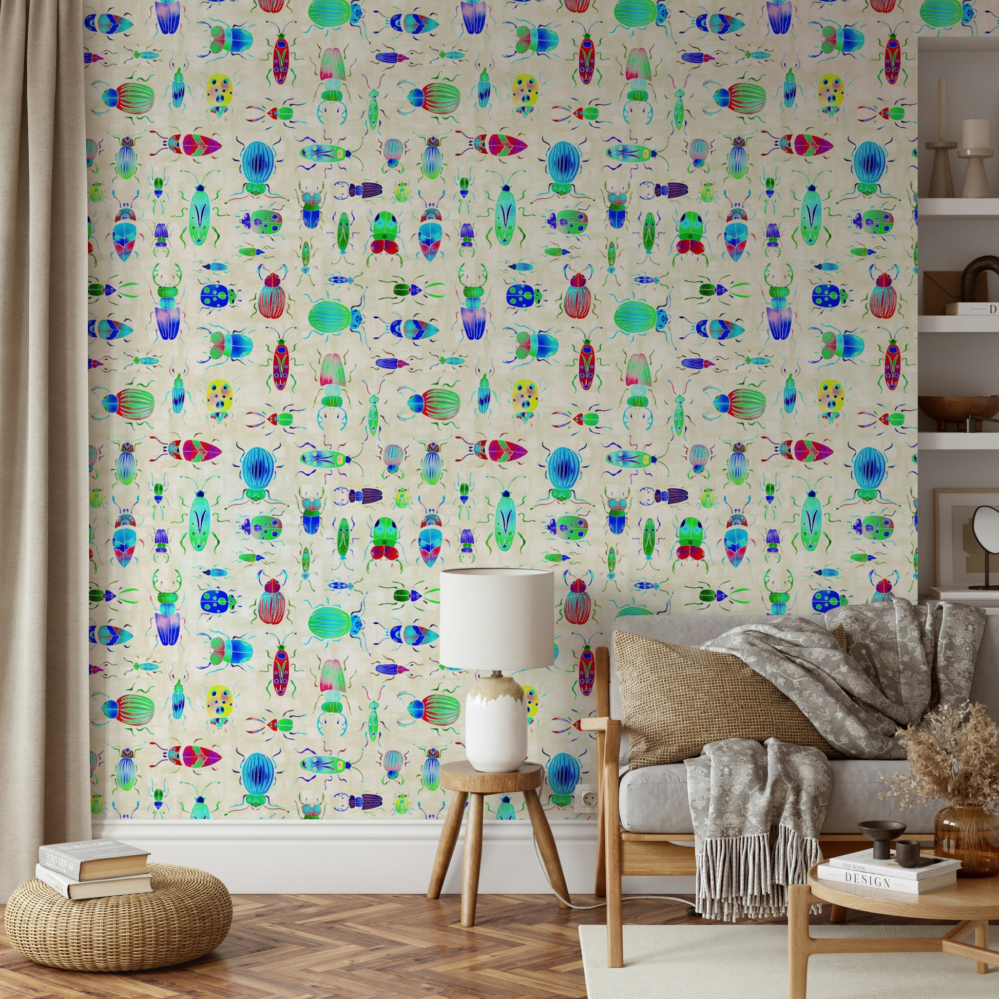 Blue pearl mural wallpaper with creative bug design

