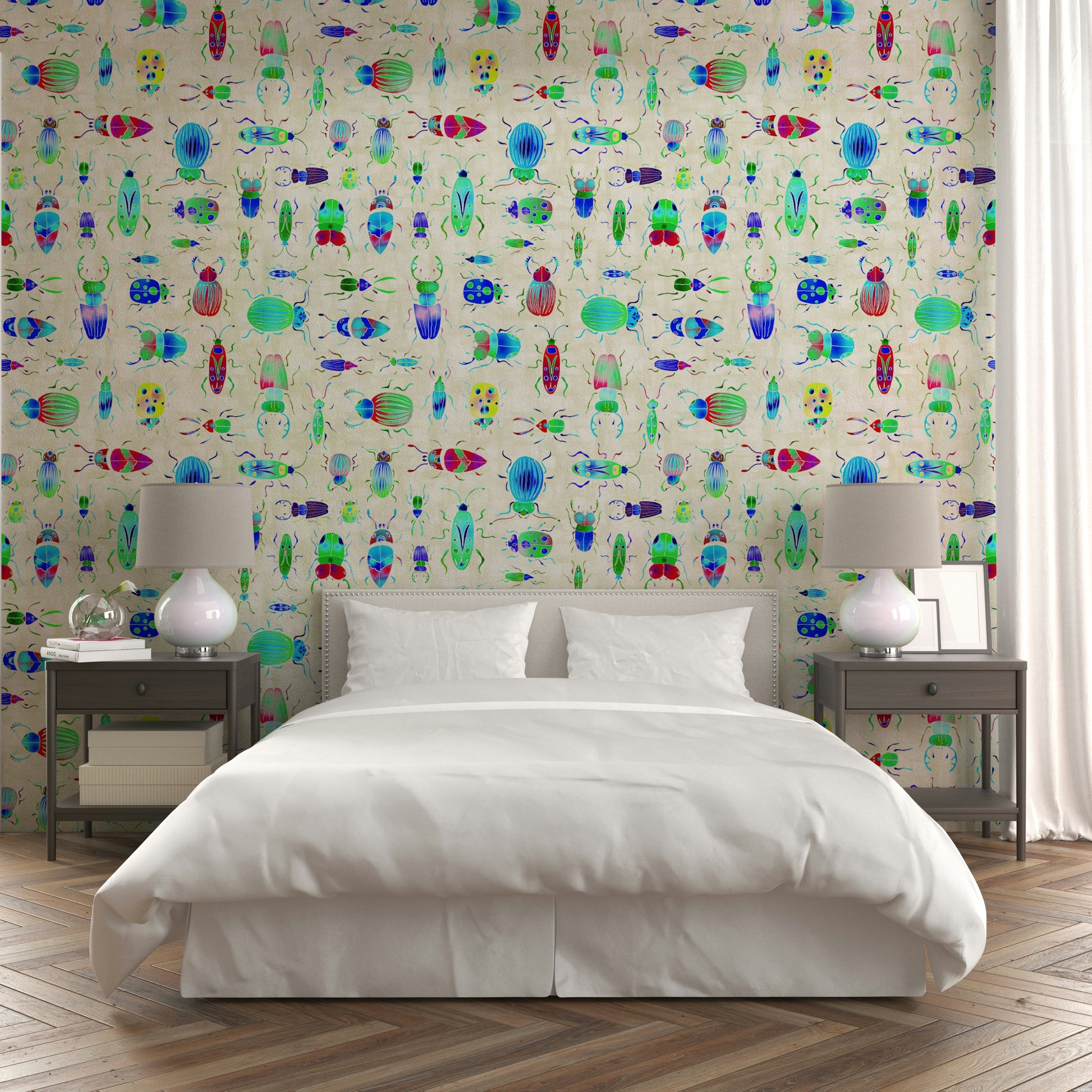 Children’s room with colorful bugs wallpaper

