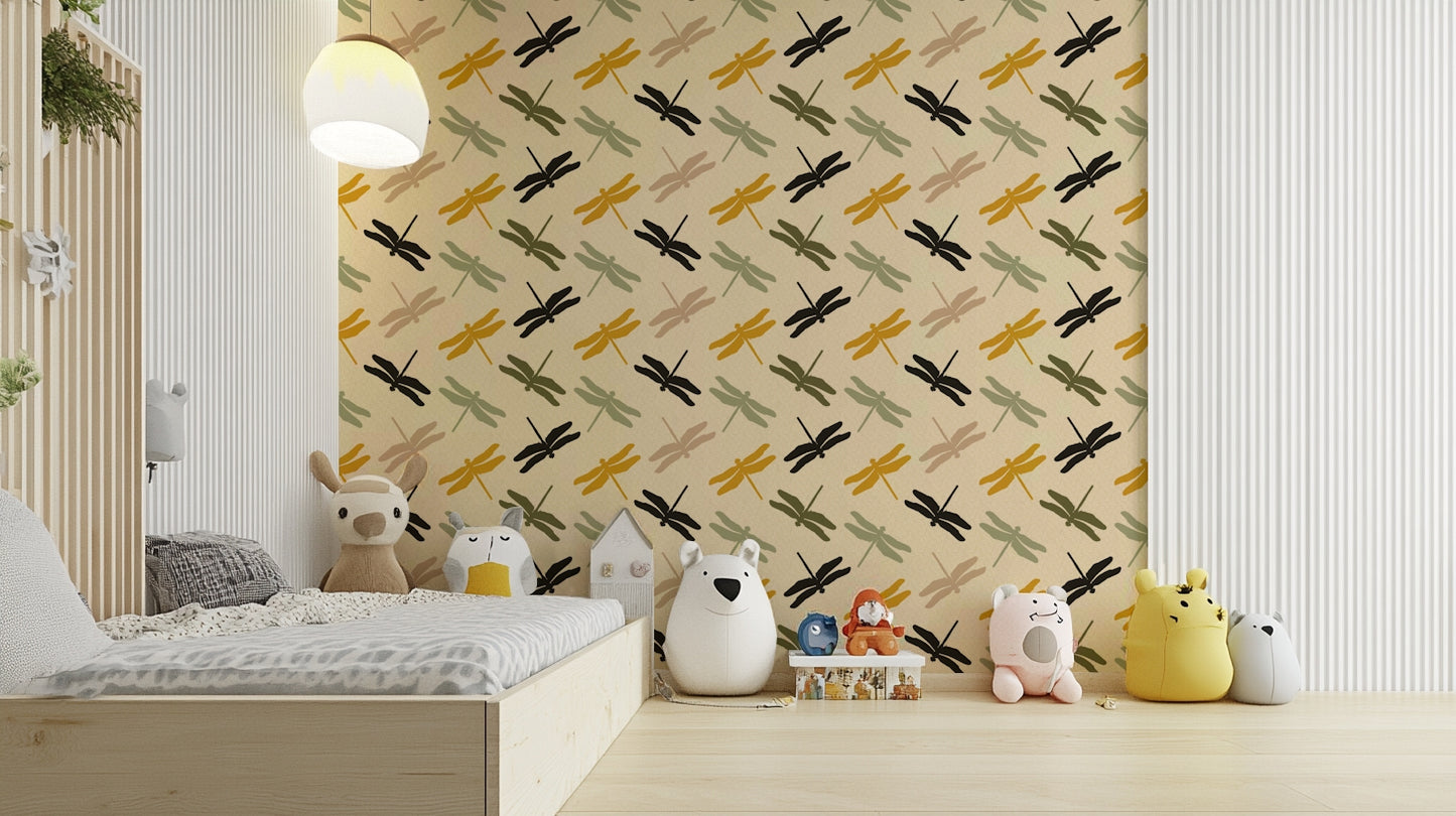 Dragonflies Flying wallpaper in mustard green

