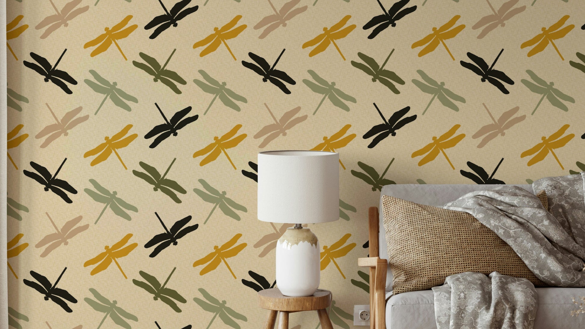 Mural wallpaper with dragonflies on warm green

