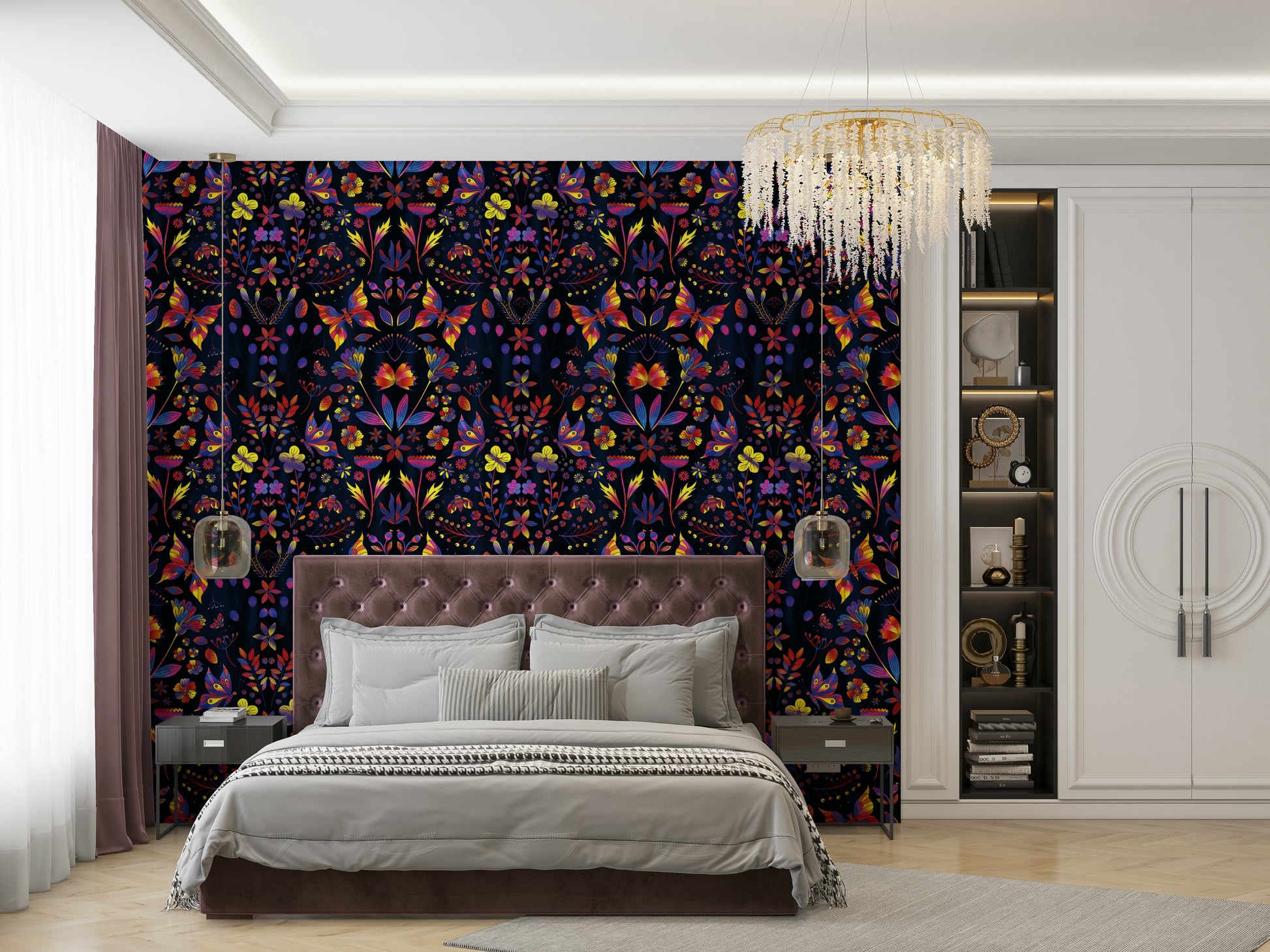 Wall mural with radiant flowers and luminous finish

