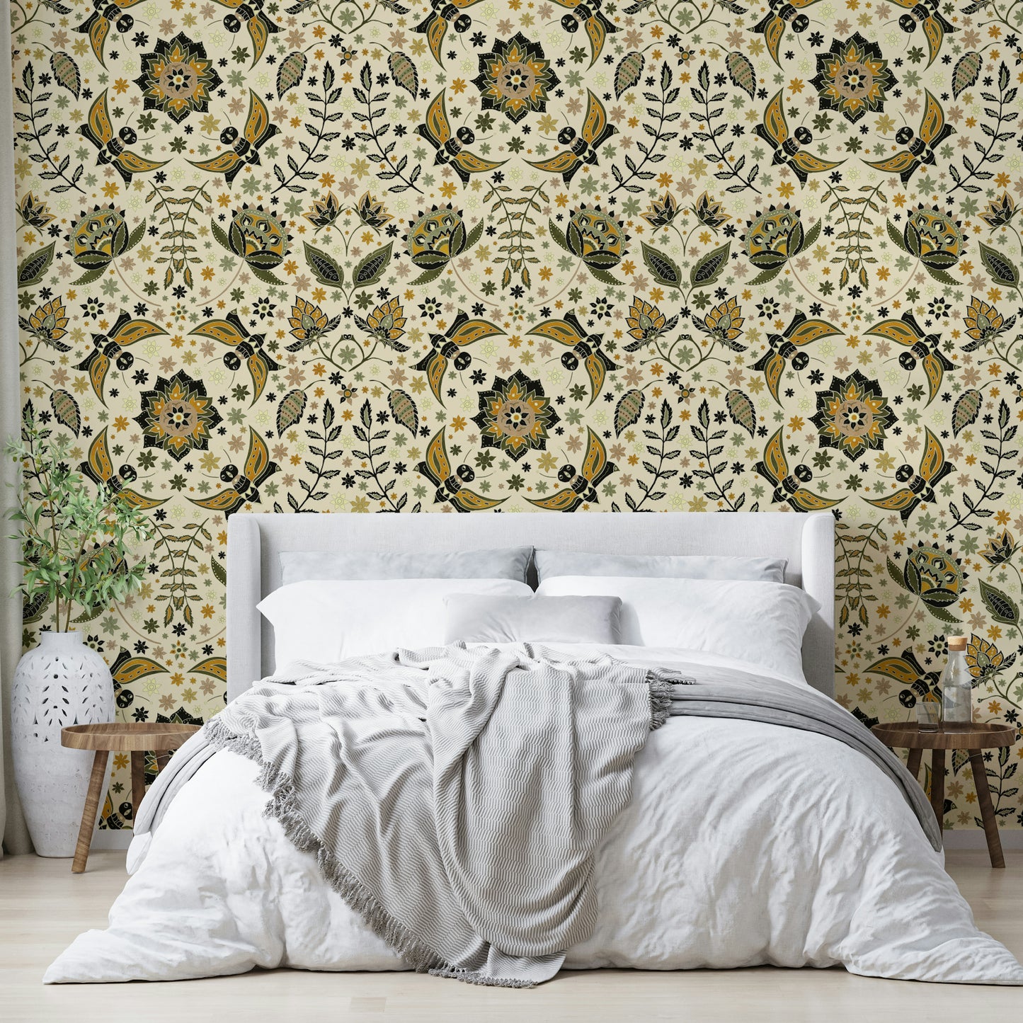 Beige wallpaper with rich botanical illustrations

