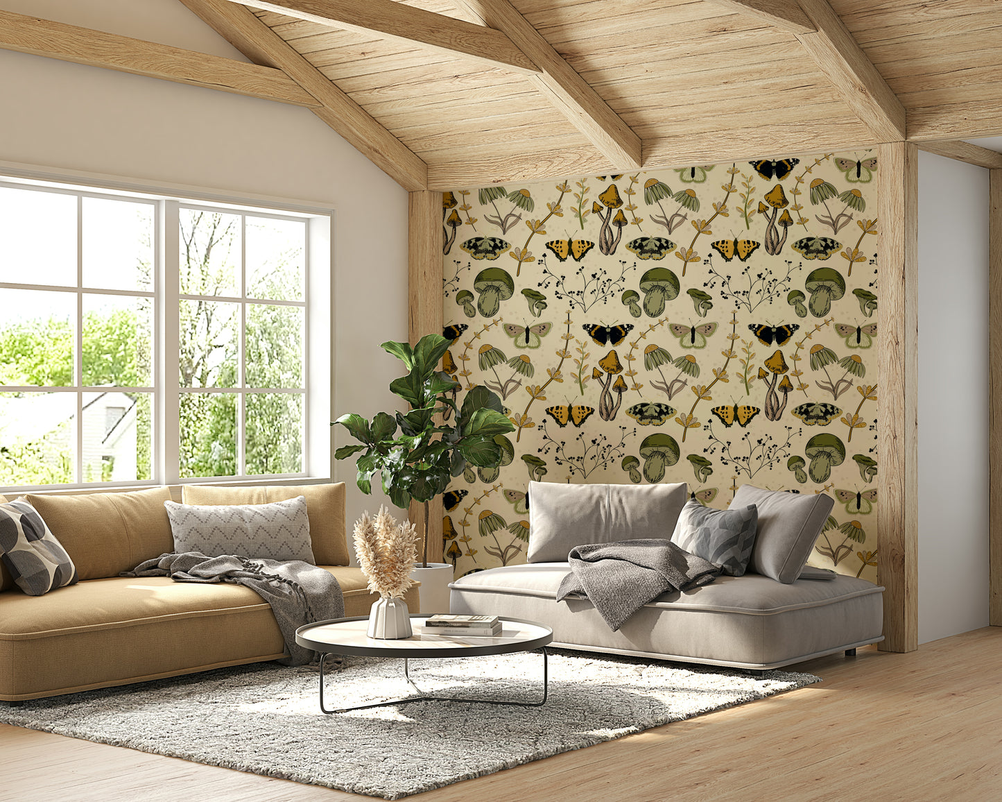 Neutral wallpaper with warm wildflower pattern

