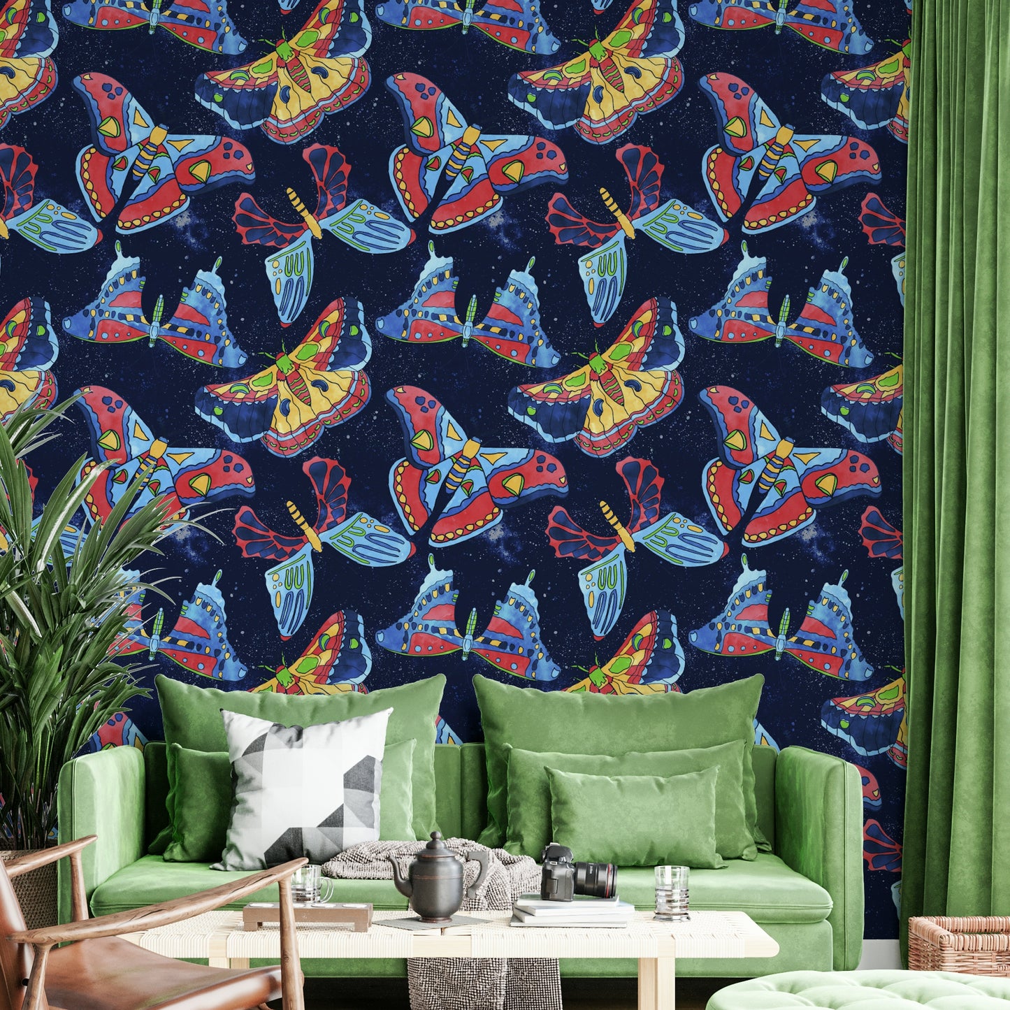 Celestial wall mural featuring gentle moth wings

