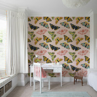 Pastel-toned wallpaper with floral and butterfly design

