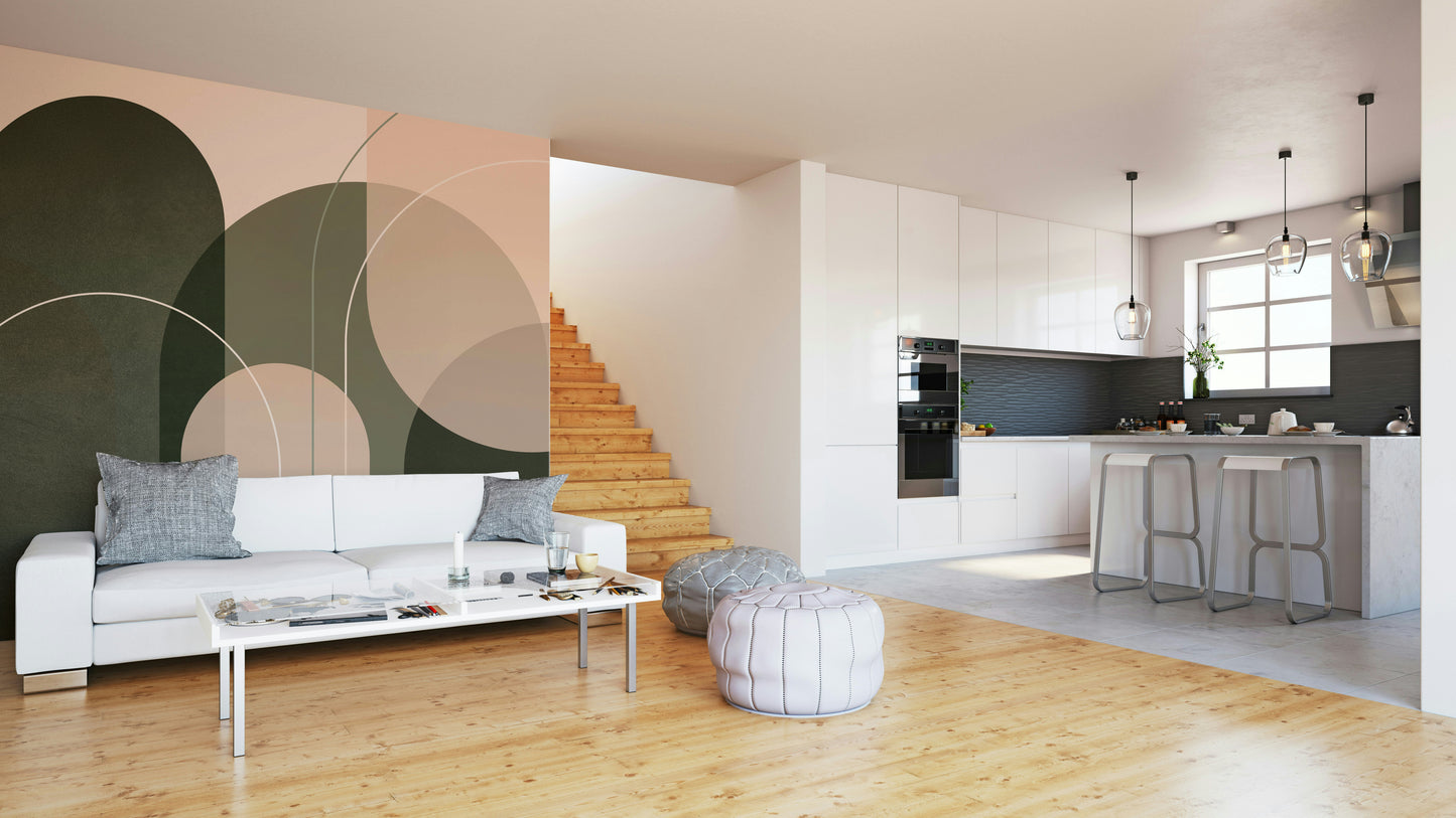 Olive green and peach wall mural with soft shapes

