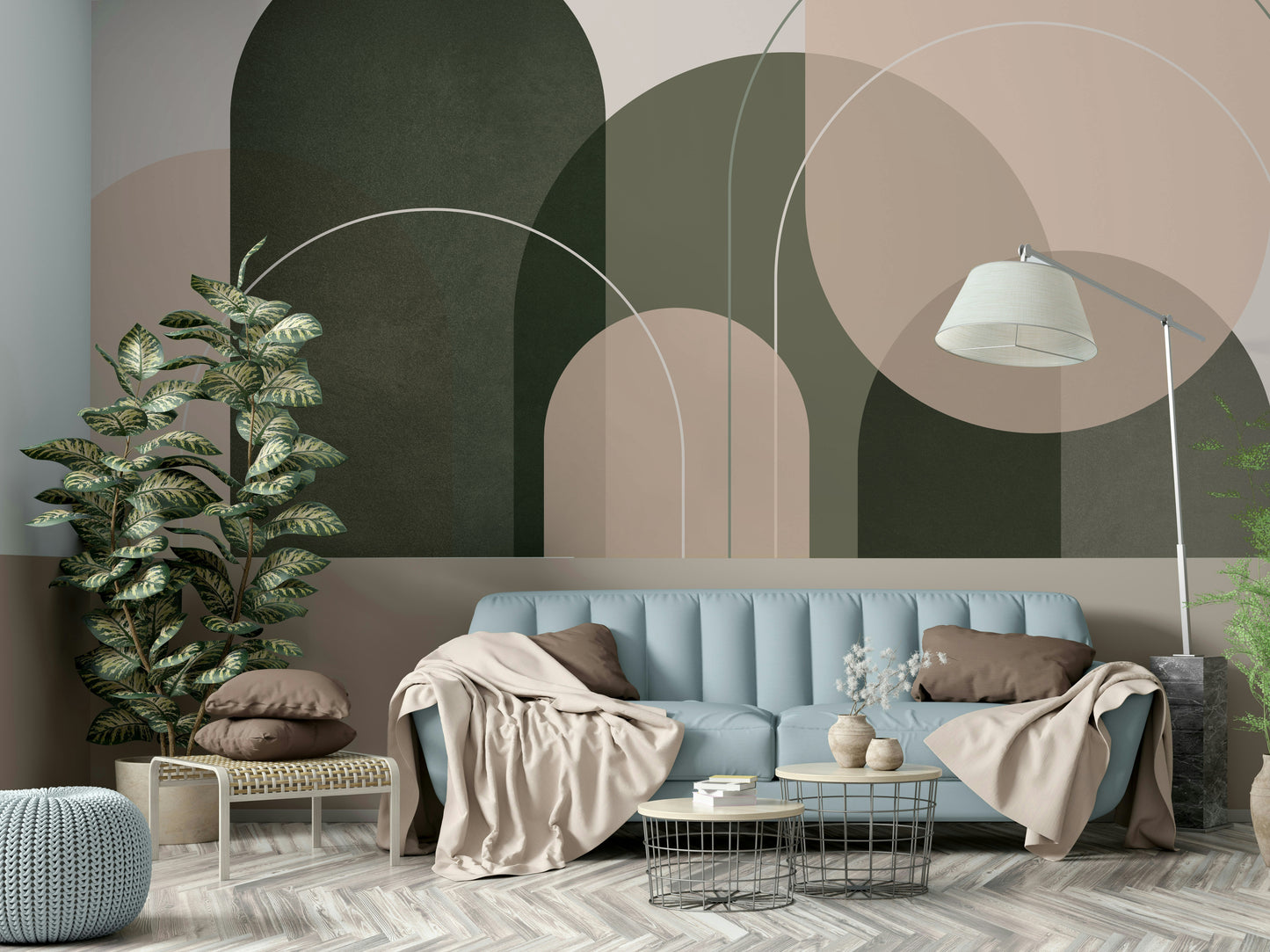 Mural wallpaper with gentle peach and green flow


