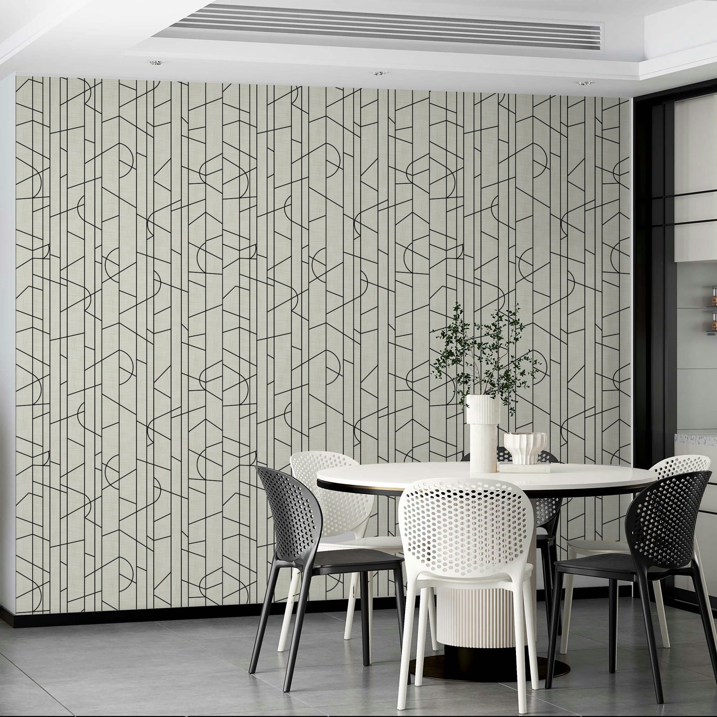 Sharp black lines on white textured wallpaper

