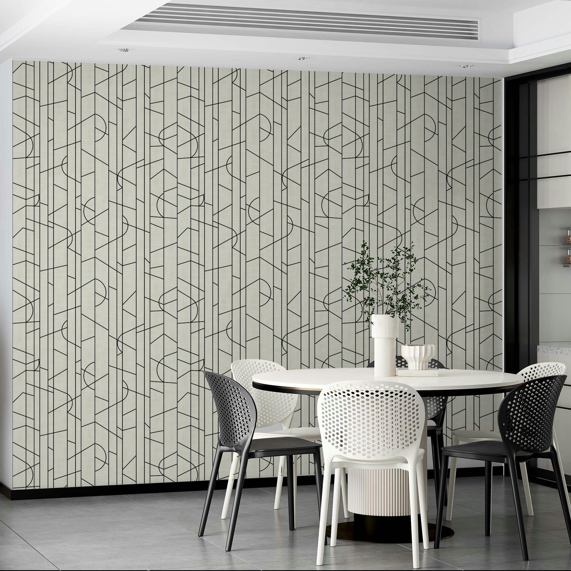 Sharp black lines on white textured wallpaper

