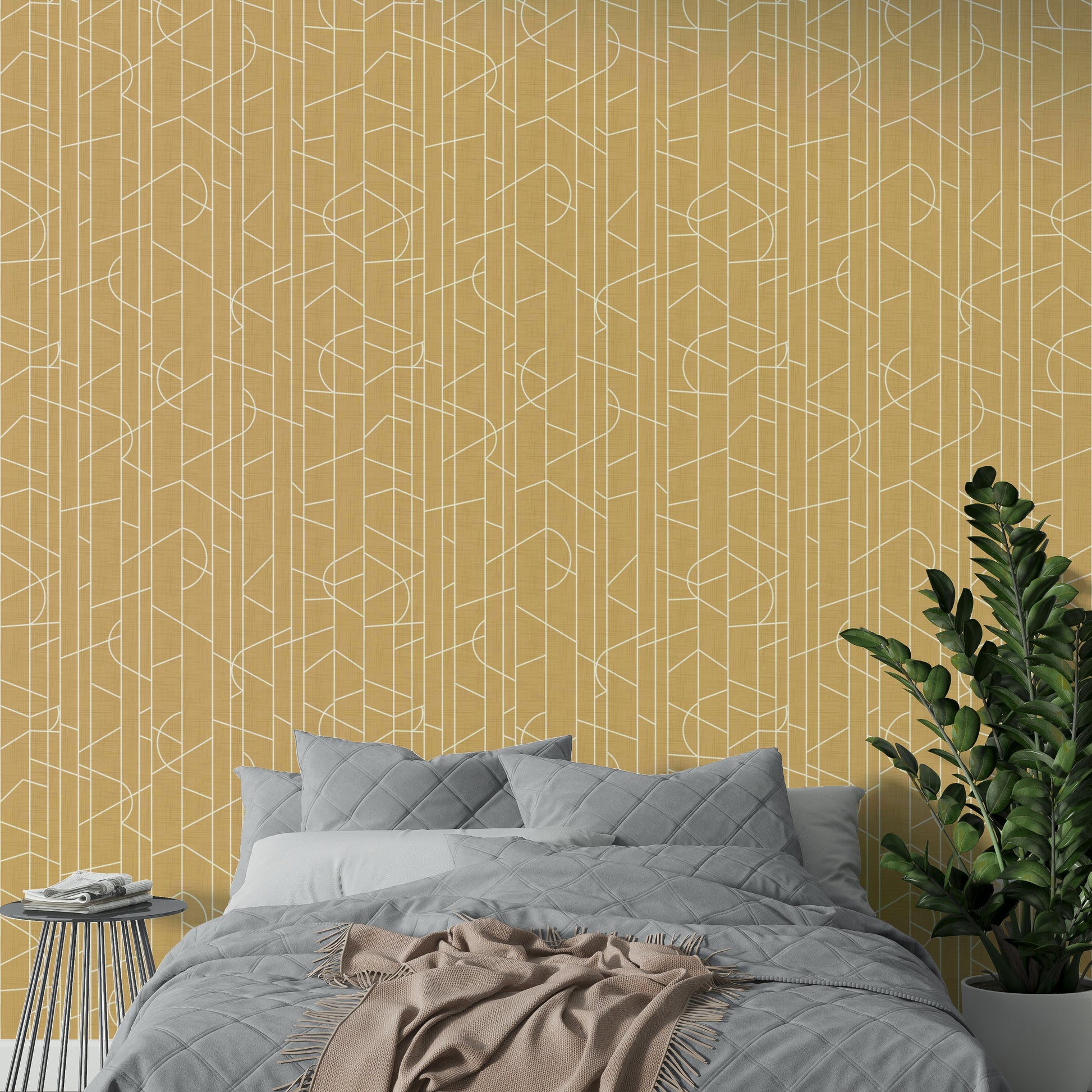 Warm neutral wallpaper with curved movement

