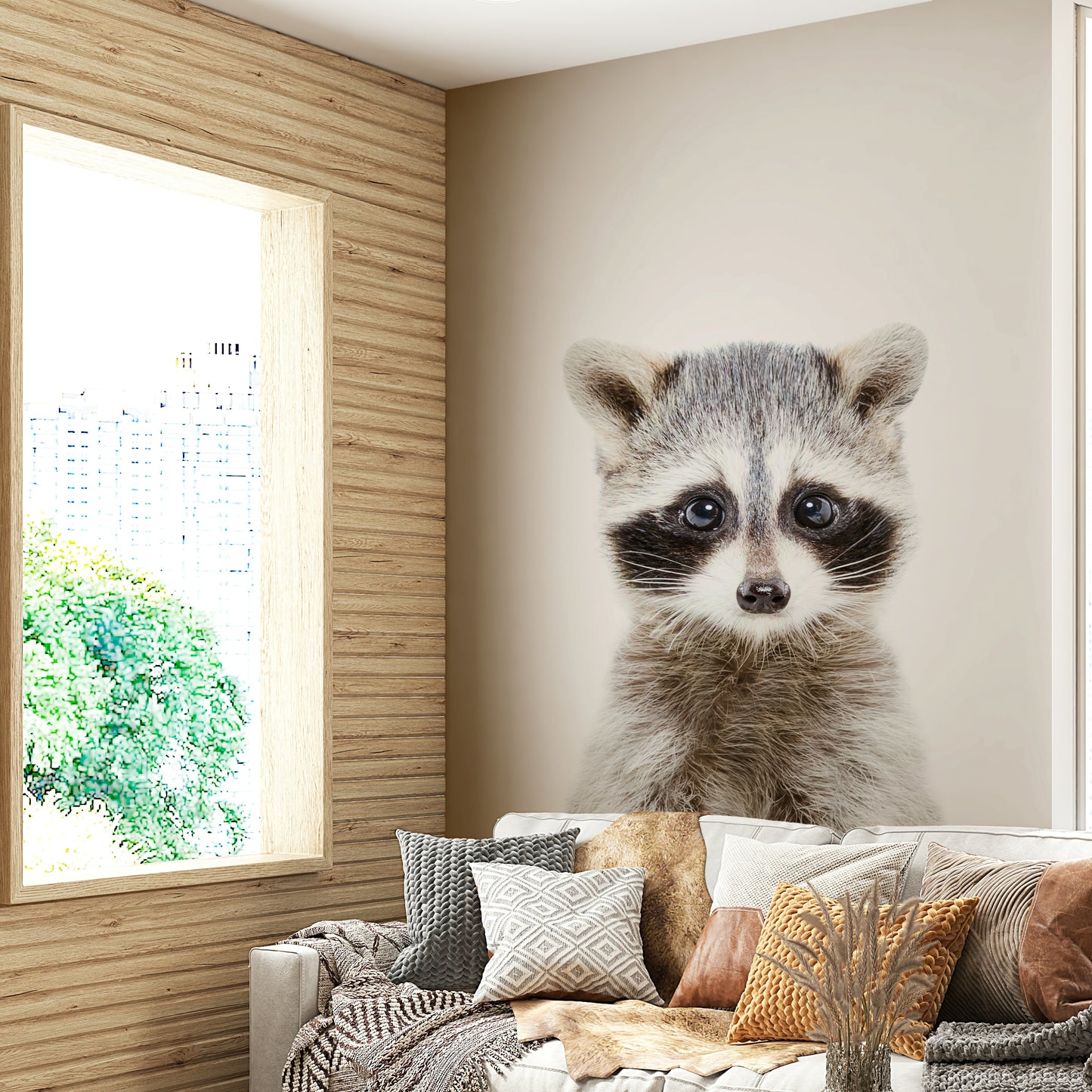 Mural wallpaper featuring baby raccoon illustration

