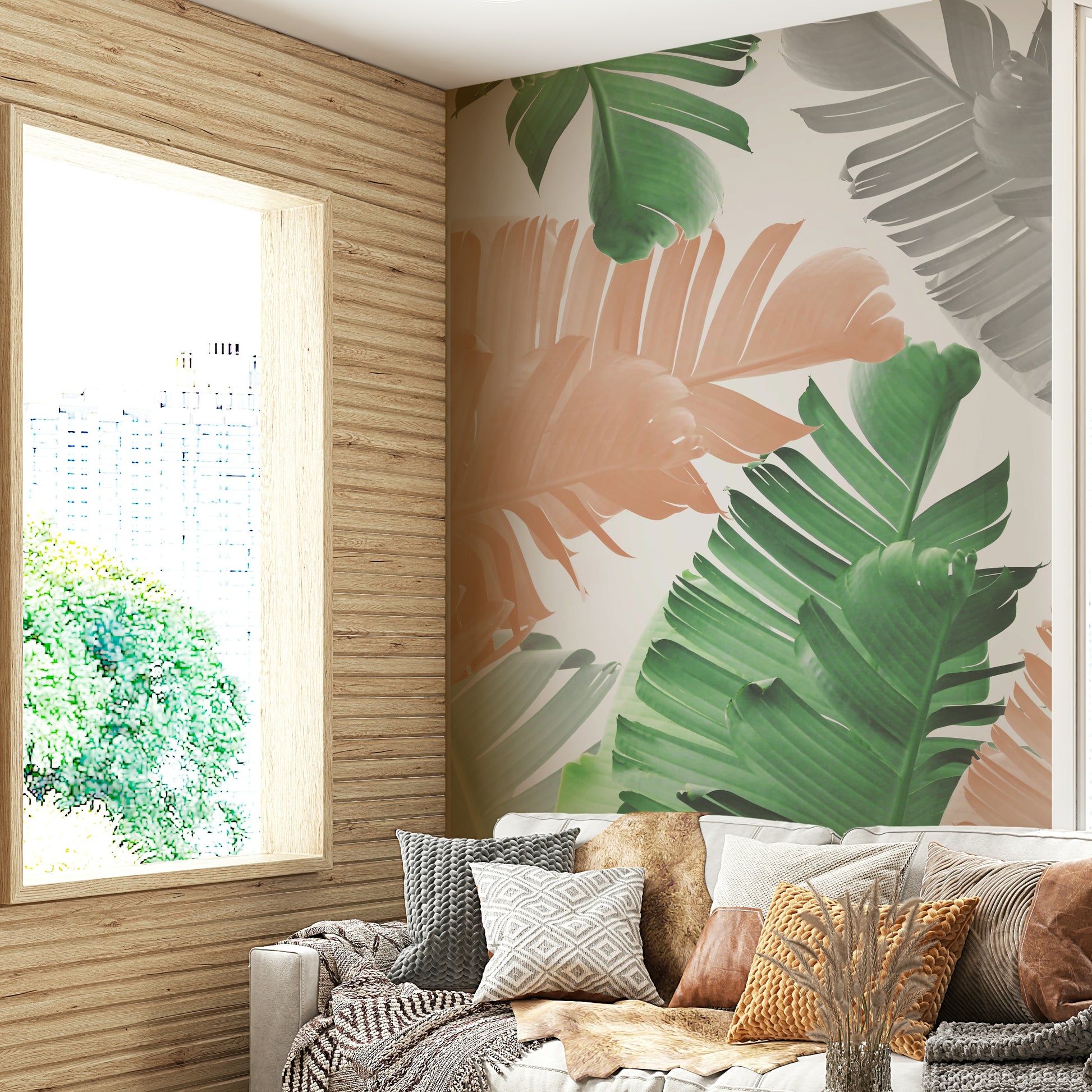 Leafy green mural wallpaper in fun space


