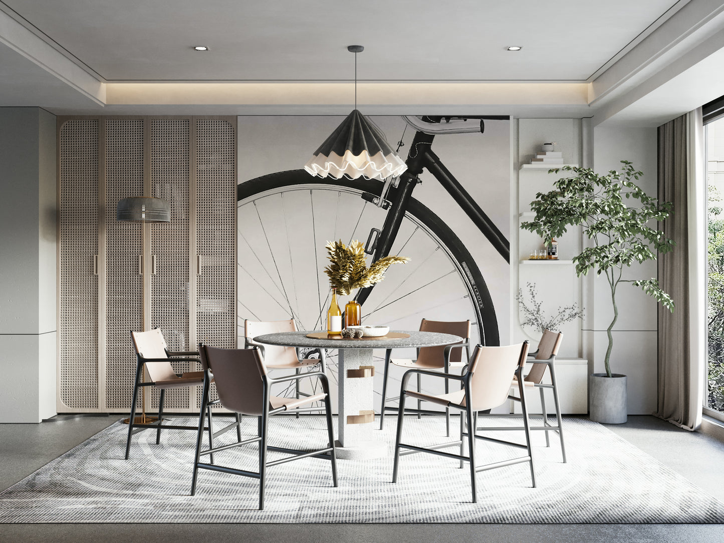 Neutral-toned wall mural with bike graphics

