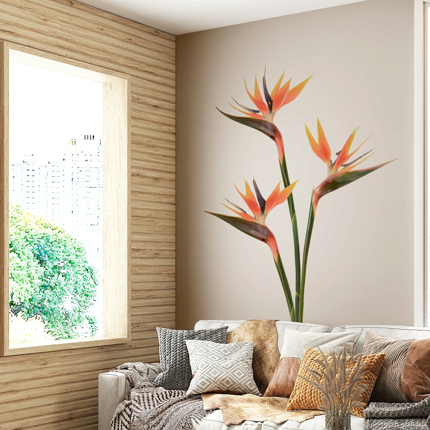 Tropical-inspired Bird of Paradise Bloom mural wallpaper for walls.

