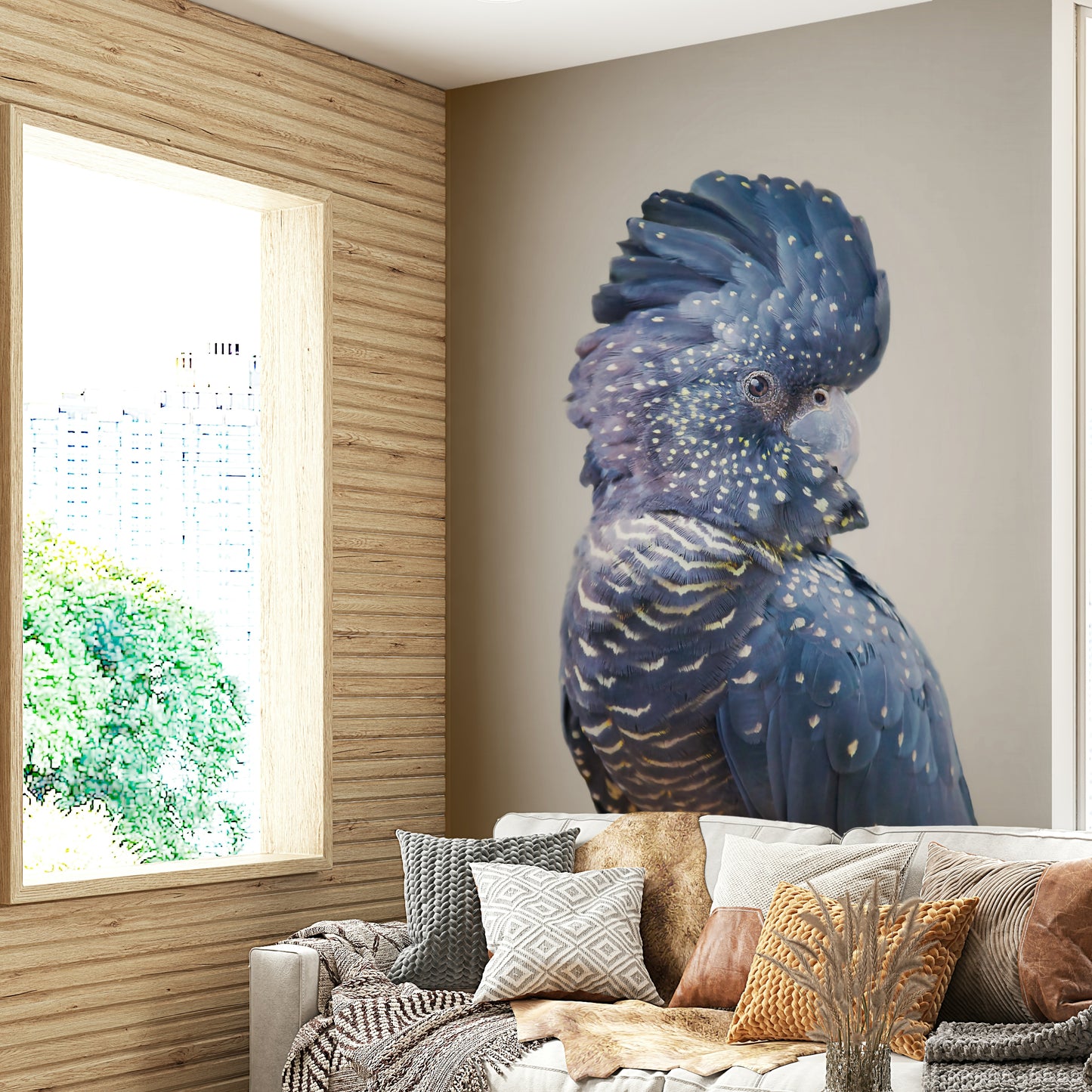Detailed black cockatoo design on wall mural for unique decor.

