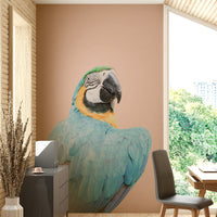 Nature-inspired mural with bright macaw bird

