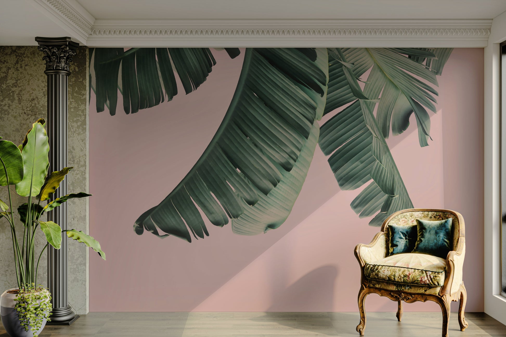 Bold contrast wallpaper with blush and banana hues


