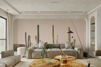 Living room styled with Blush Cactus Field mural

