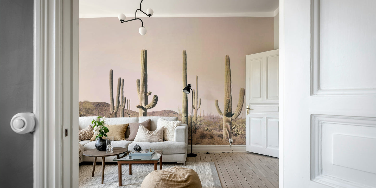 Neutral decor paired with blush cactus wall mural

