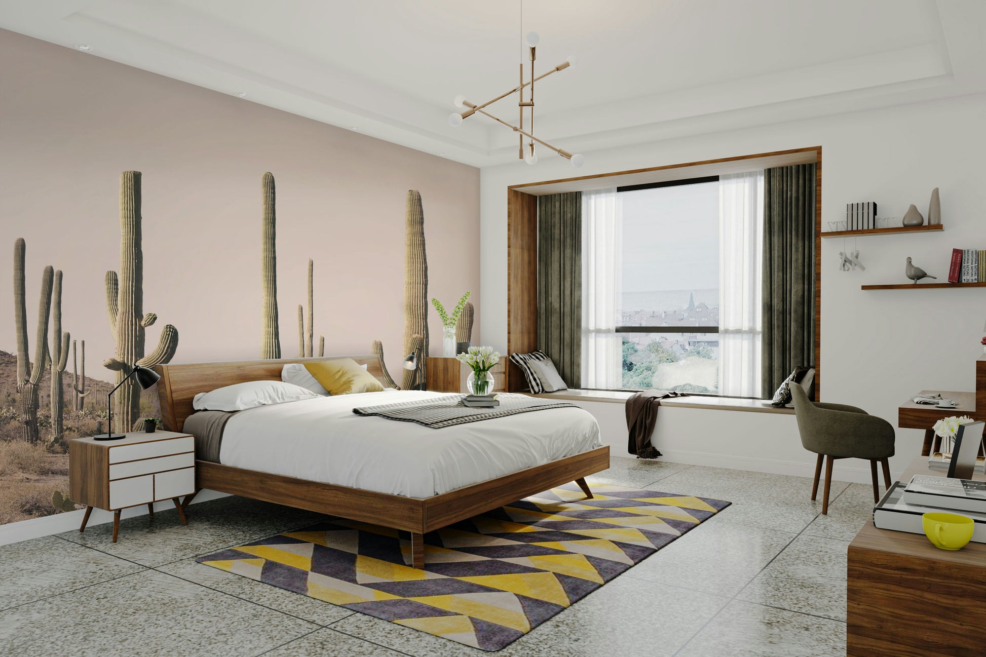 Nature-inspired wallpaper with pink cactus plants

