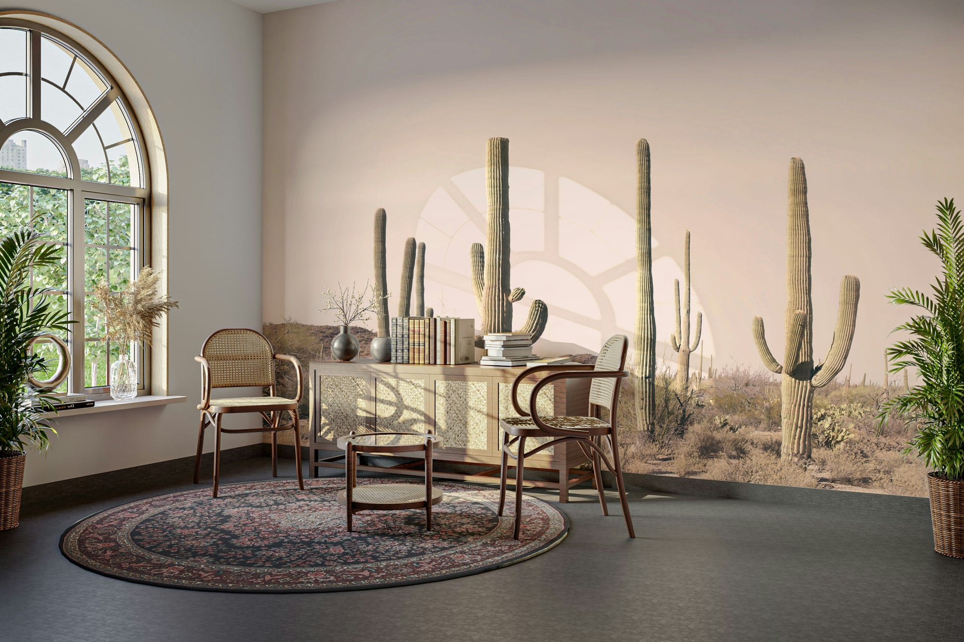 Soft cactus field wallpaper in muted pink tones

